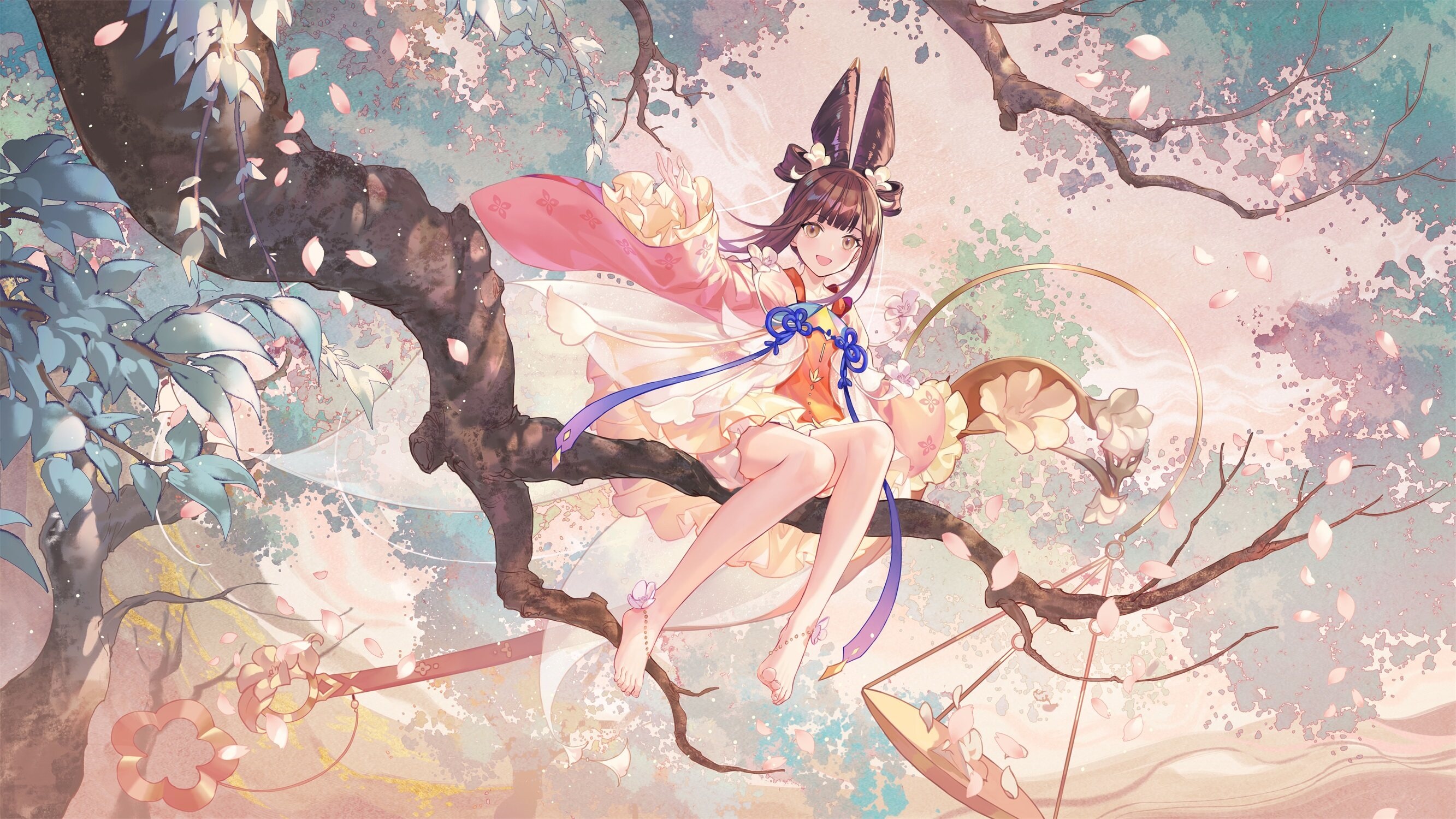 Anime girl with bunny ears sitting on a tree branch HD Wallpaper