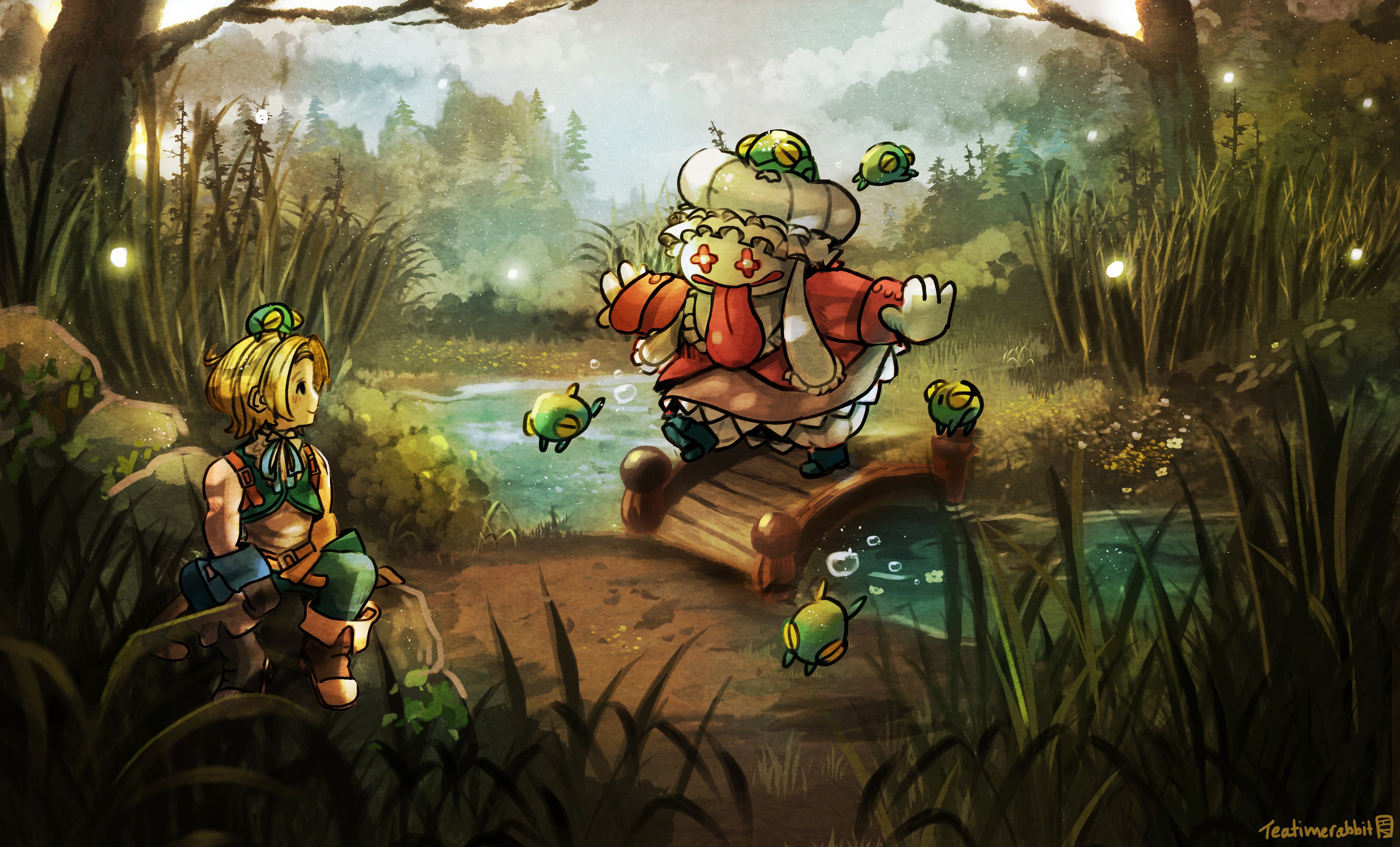 Anime girl and creature in a forest HD Wallpaper