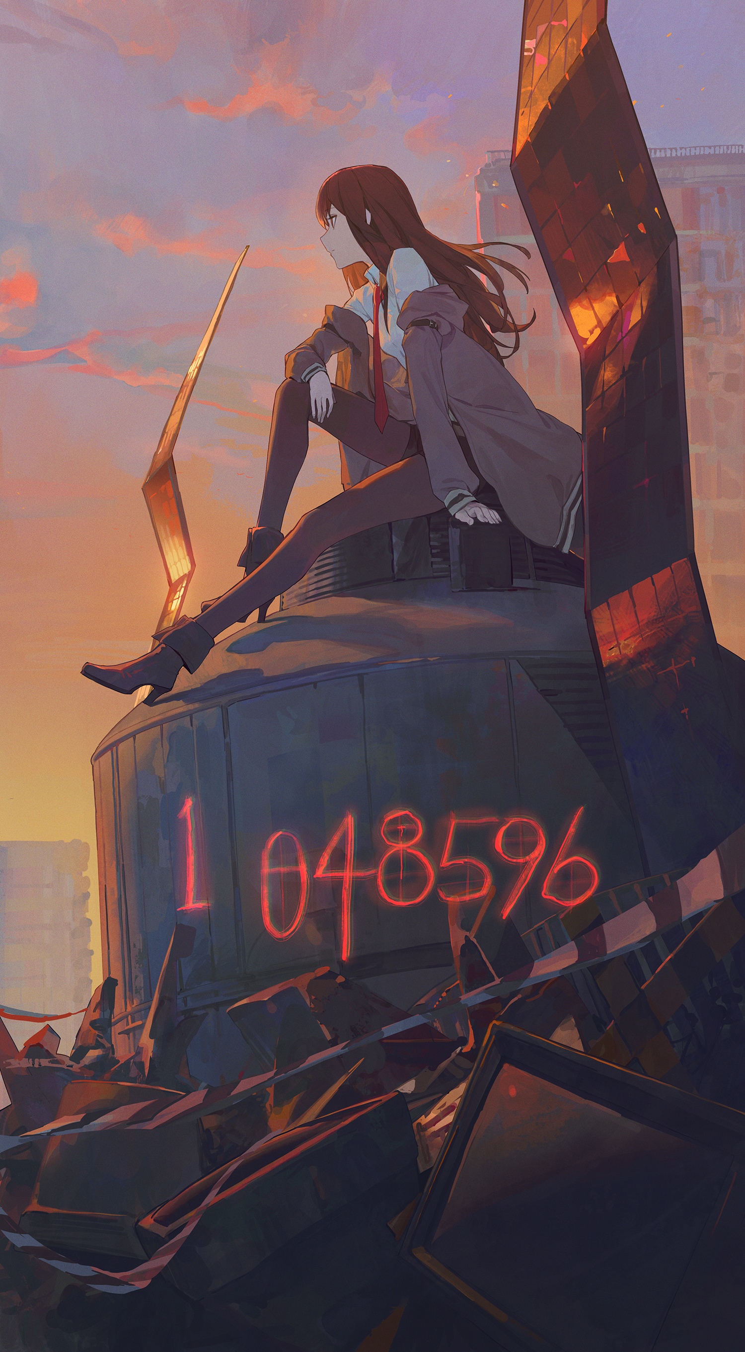 Makise Kurisu from Steins;Gate sitting on debris HD Phone Wallpaper