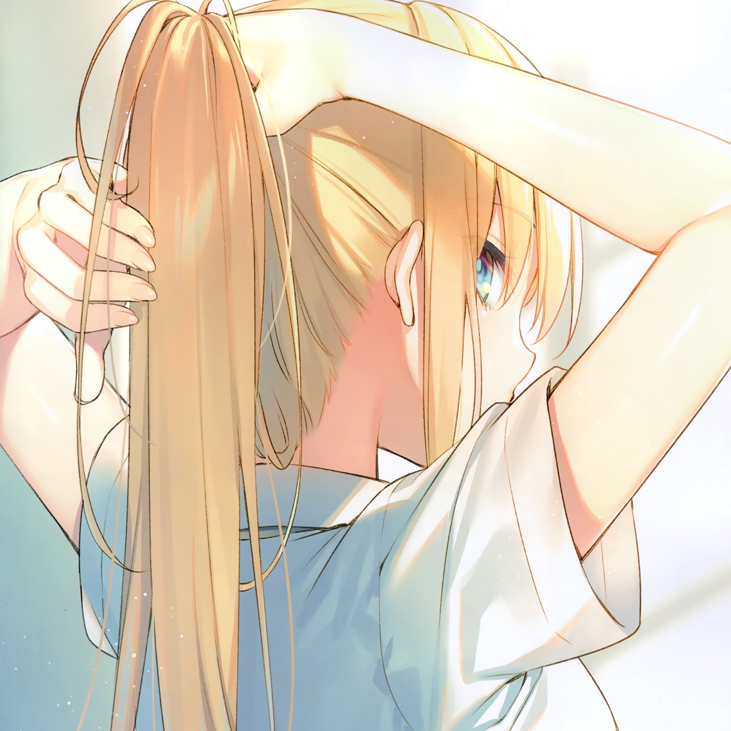 Girl with blonde hair and blue eyes tying her hair HD Wallpaper