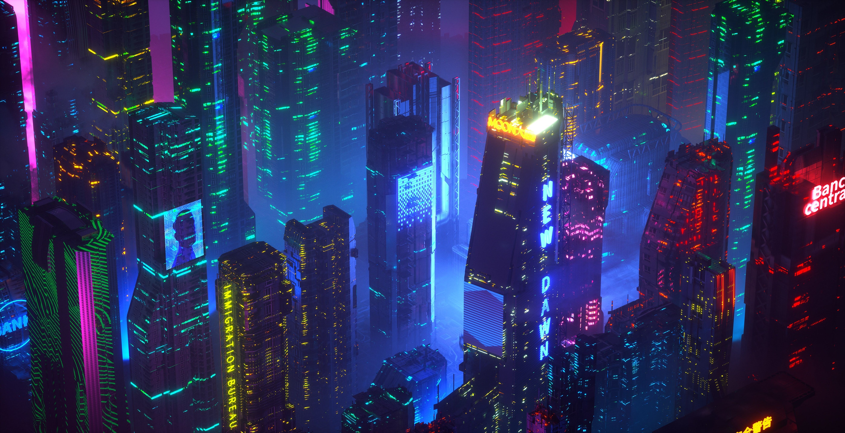 Cyberpunk cityscape with neon lights and tall buildings HD Wallpaper