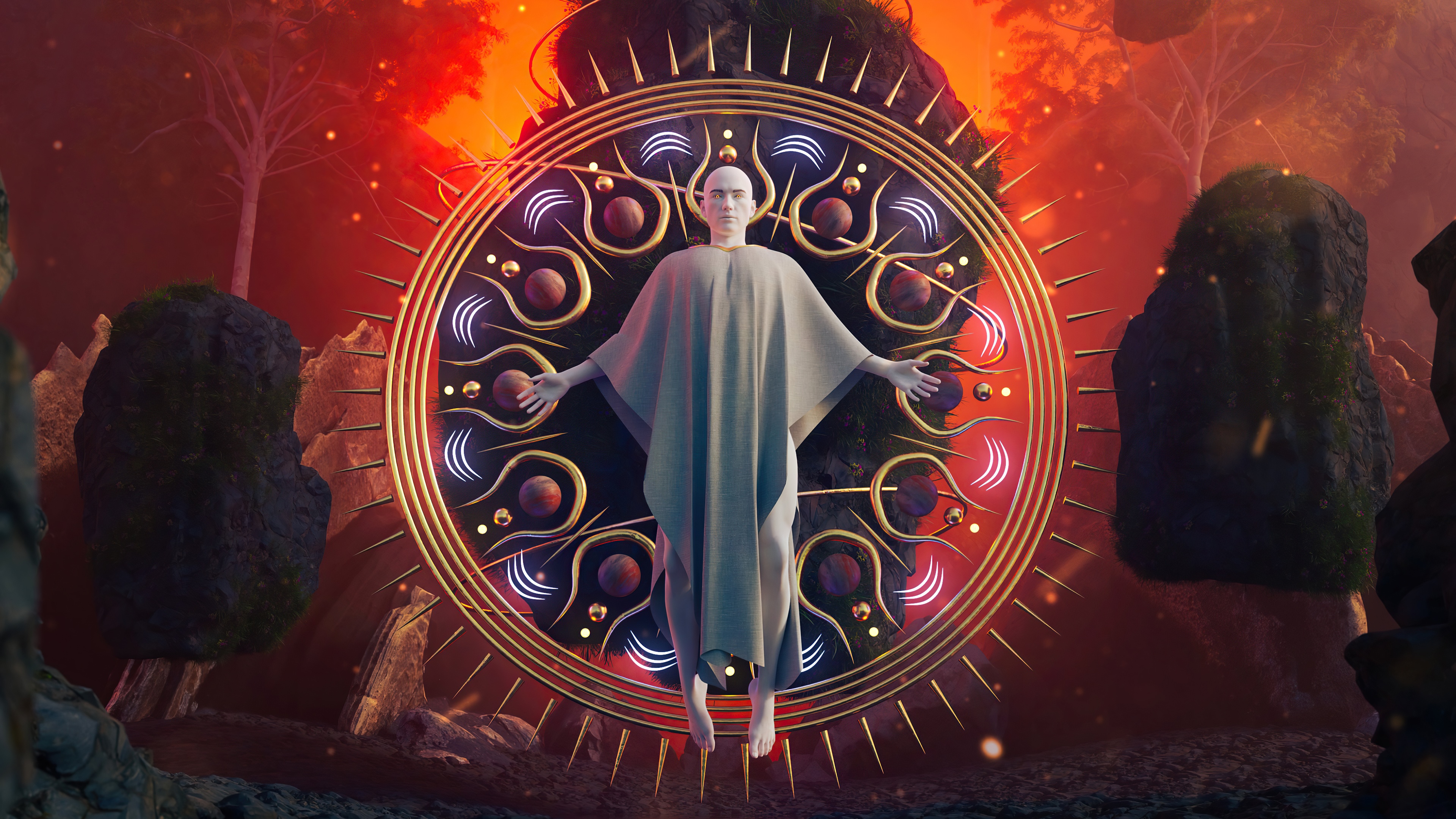 Fantasy art of a floating figure in a cosmic circle HD Wallpaper