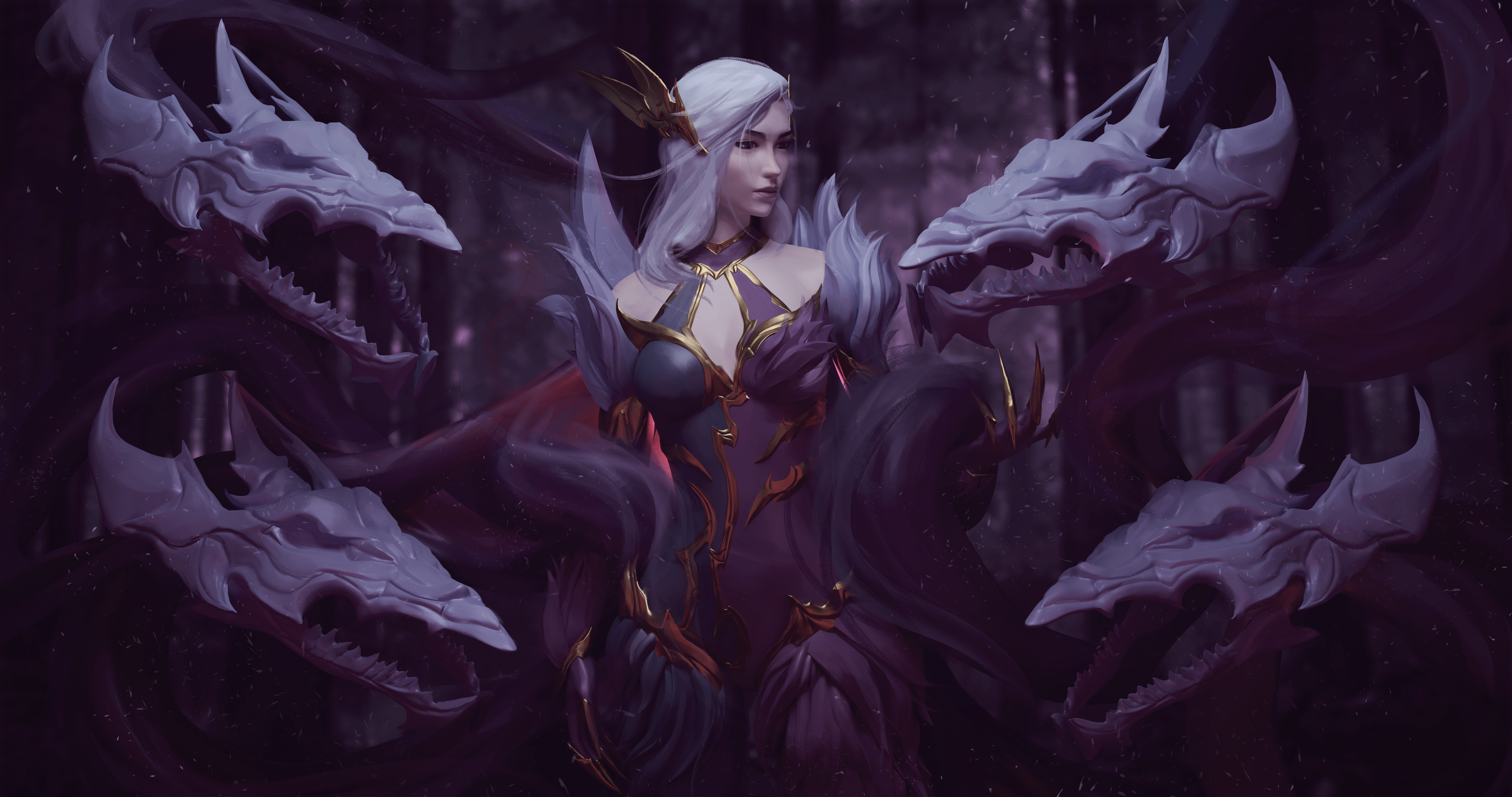 4K Fantasy Art of a Woman with Skull Dragons HD Wallpaper
