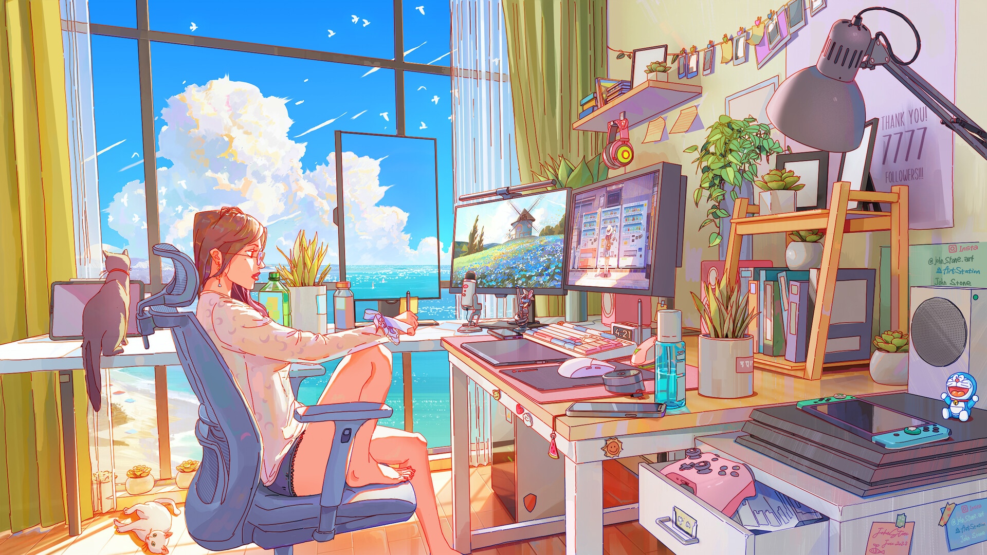 Woman working at a desk by the ocean with cats HD Wallpaper