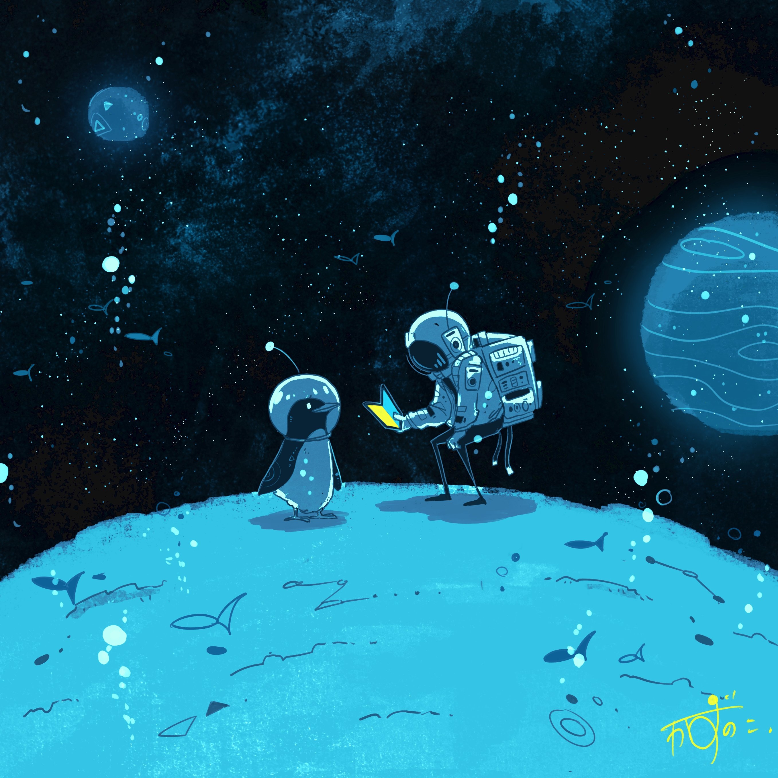 Astronaut and Penguin explore a blue planet in space HD Wallpaper