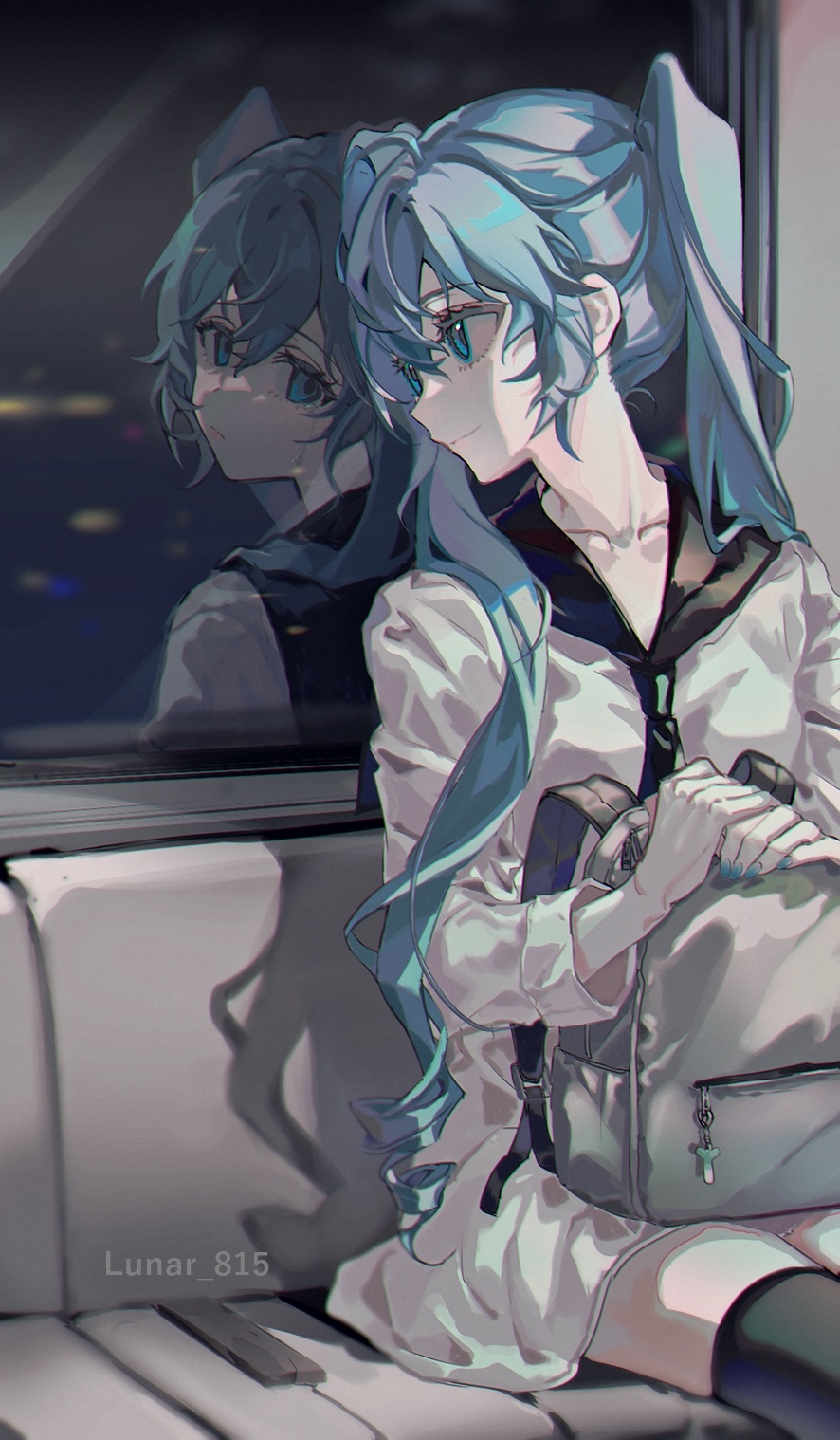 Hatsune Miku in a school uniform on a train HD Phone Wallpaper