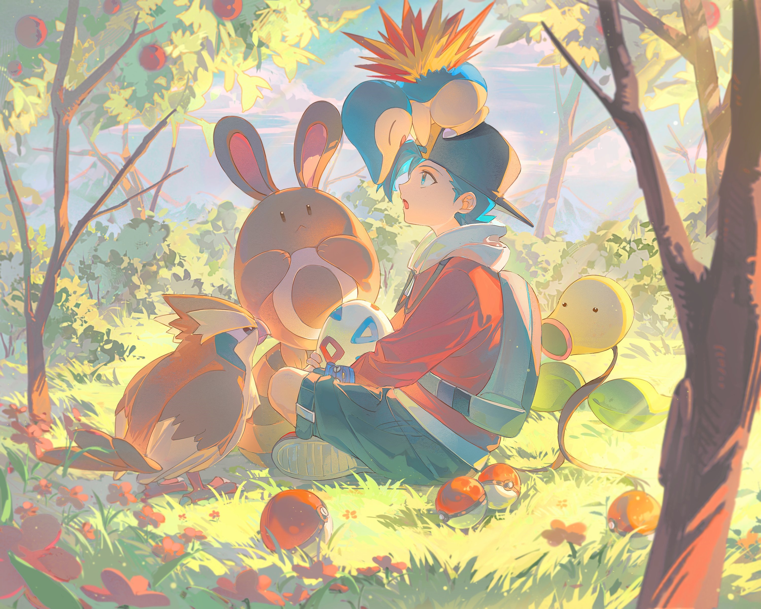 Pokémon trainer with Pokémon in a sunny forest HD Wallpaper