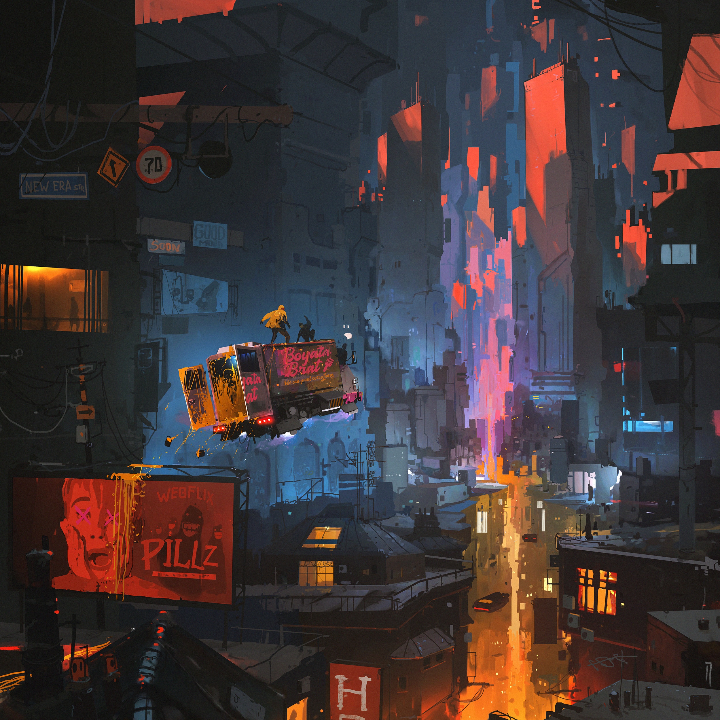 Cyberpunk city with a flying truck and billboards HD Wallpaper