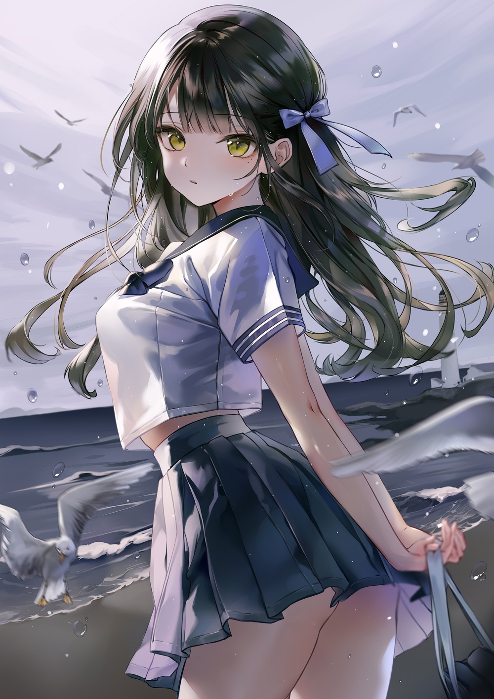 Anime girl in school uniform by the sea HD Phone Wallpaper