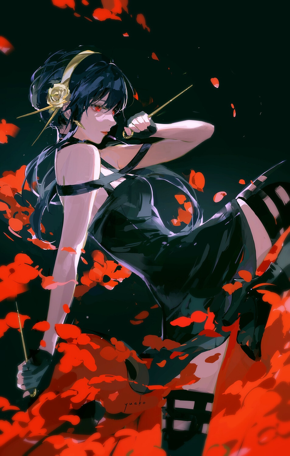Yor Forger with Weapons and Red Petals HD Phone Wallpaper