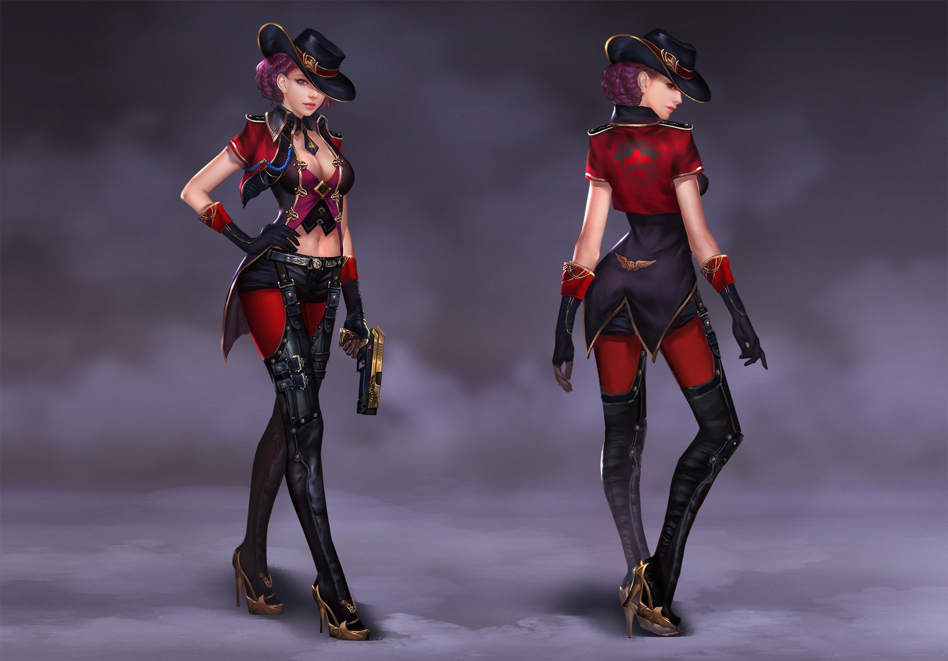Woman in red and black outfit with hat and gun HD Wallpaper