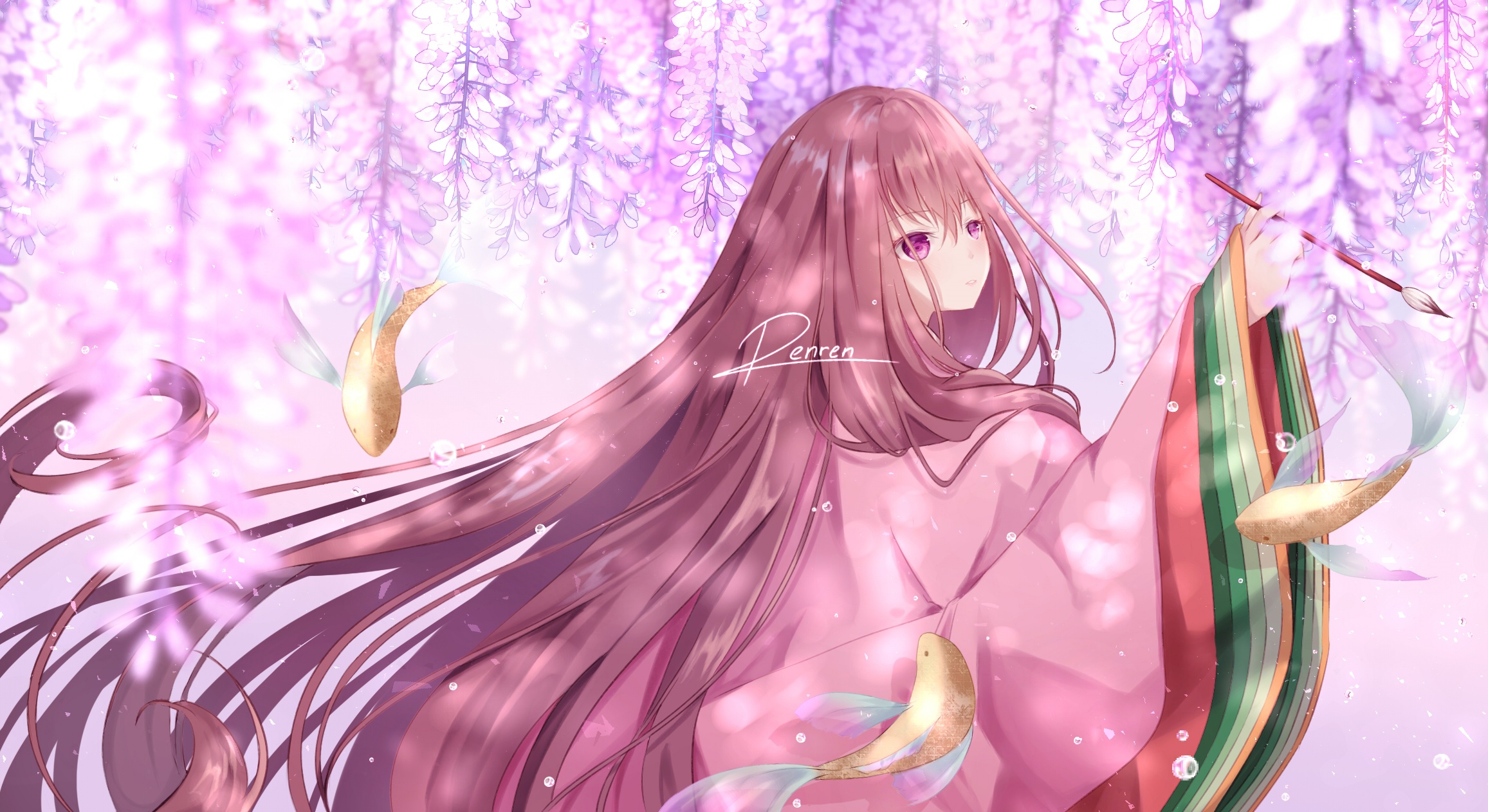 Murasaki Shikibu painting under wisteria flowers HD Wallpaper