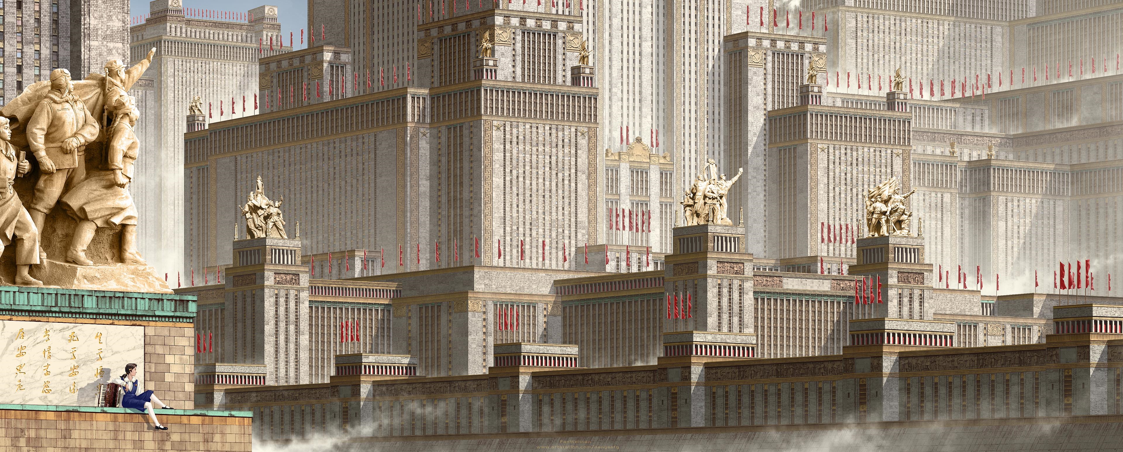 Chinese propaganda buildings with statues HD Wallpaper