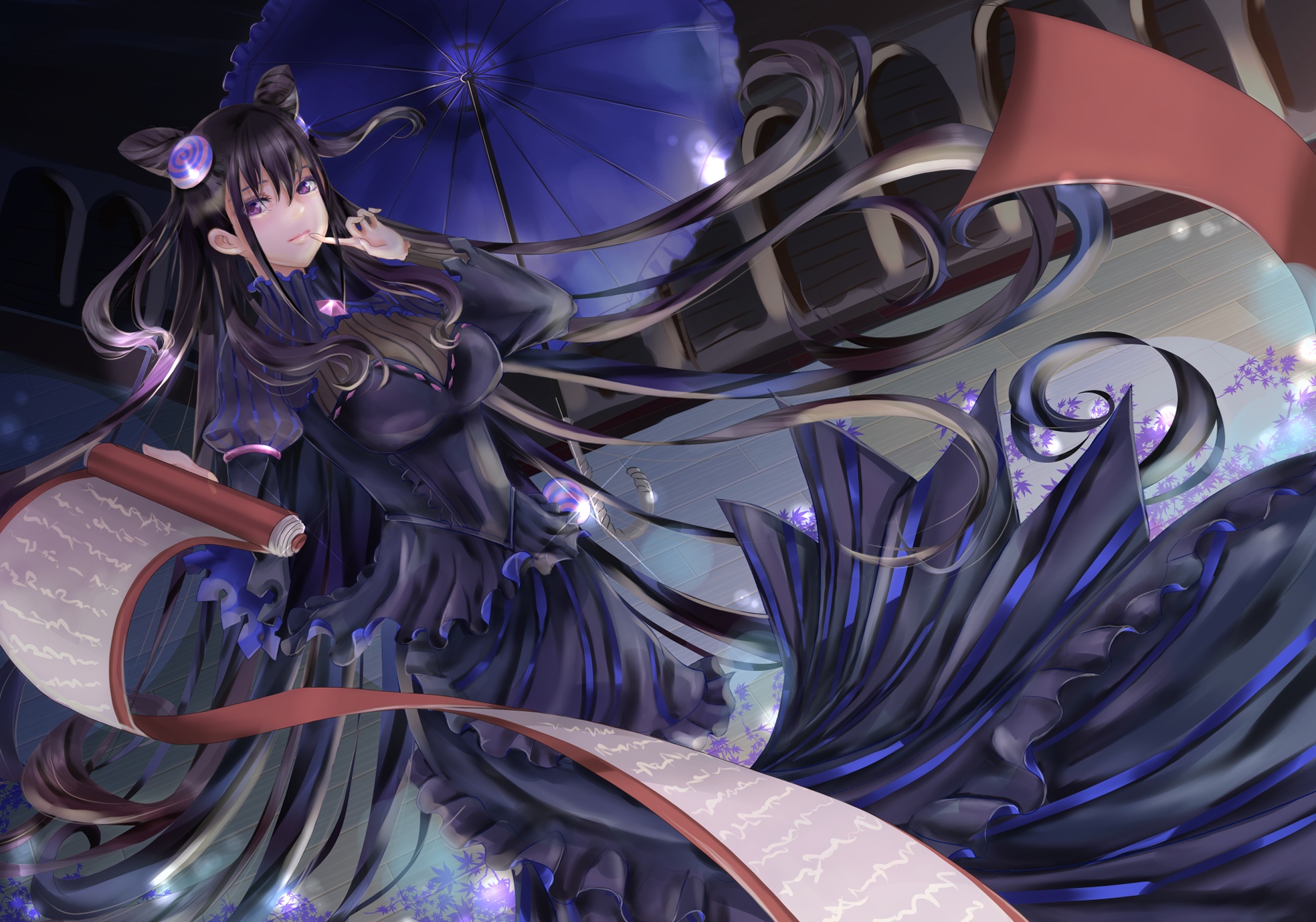 Murasaki Shikibu with a scroll and umbrella HD Wallpaper