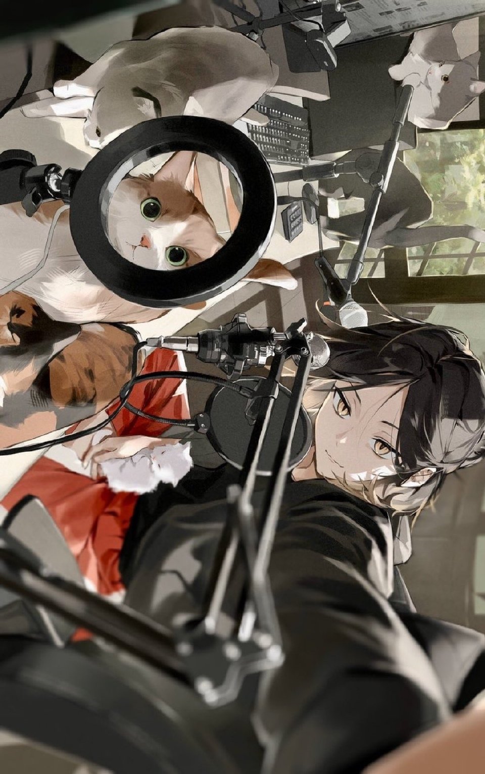 Anime girl and cats at a desk with microphones HD Phone Wallpaper