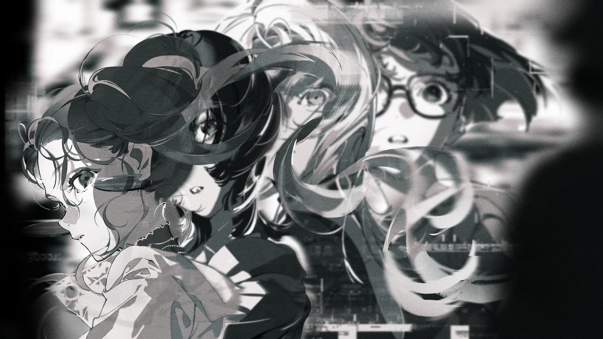 Anime characters with overlapping faces and hair HD Wallpaper