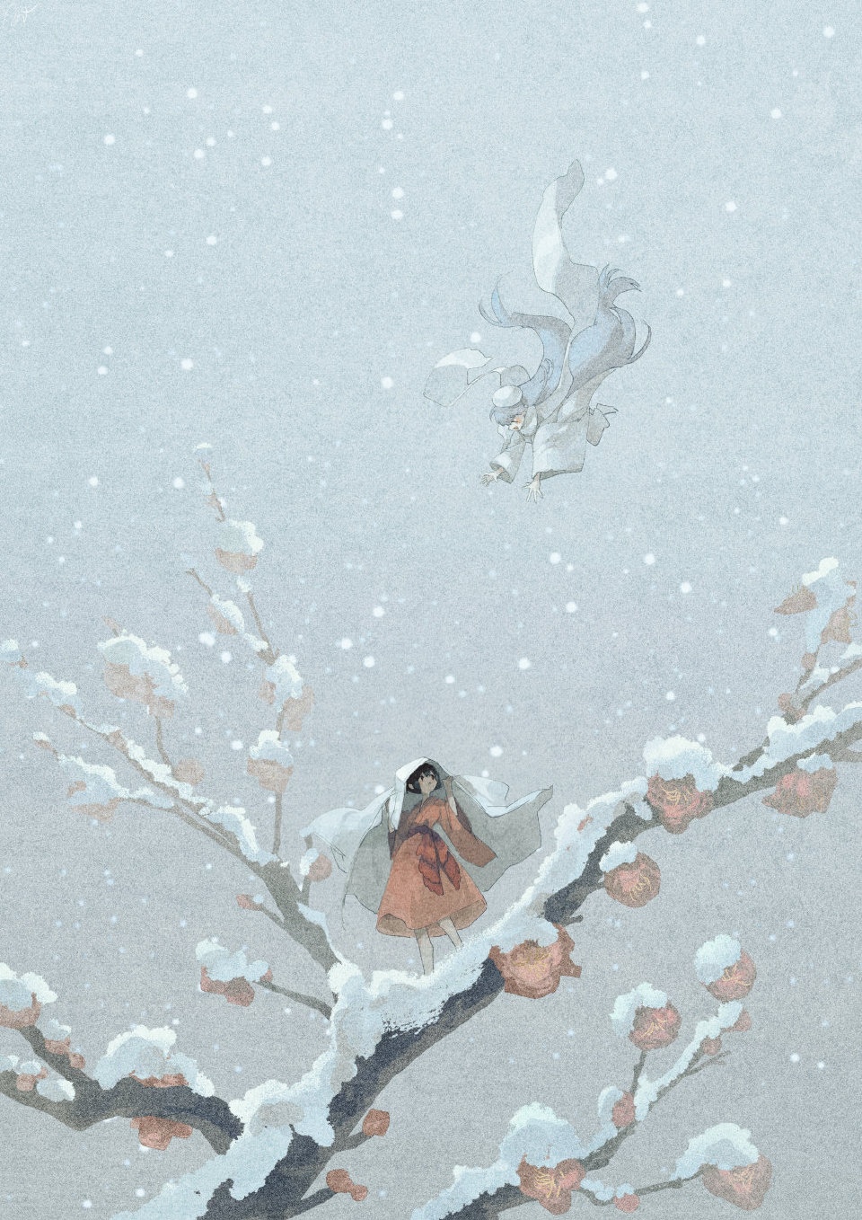 Two figures in a snowy landscape with plum blossoms HD Phone Wallpaper