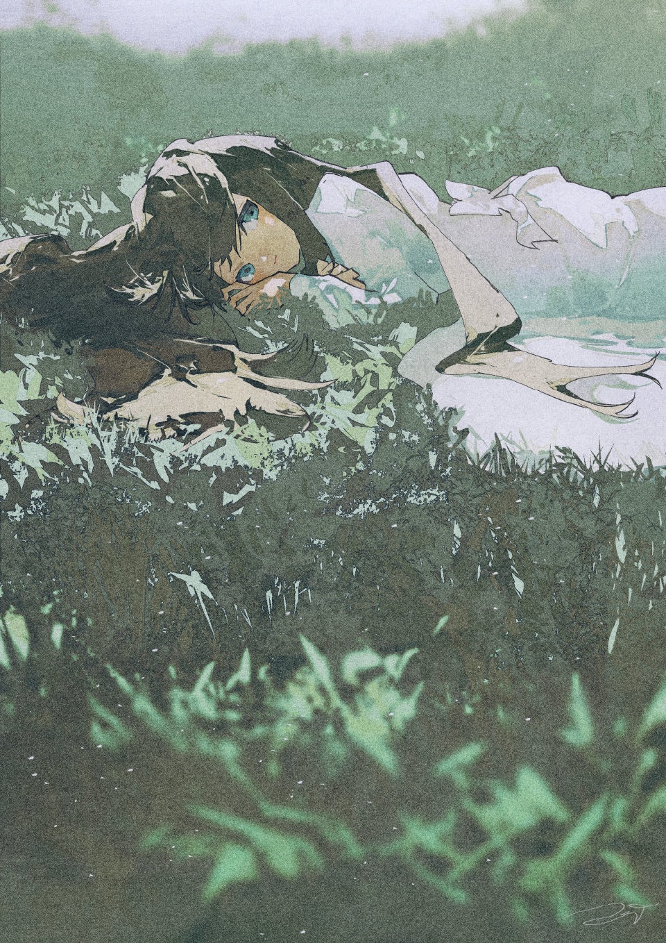 Artwork of a girl lying in grass HD Phone Wallpaper