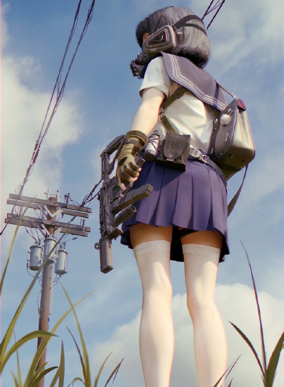 Anime girl in school uniform with gas mask and rifle HD Phone Wallpaper