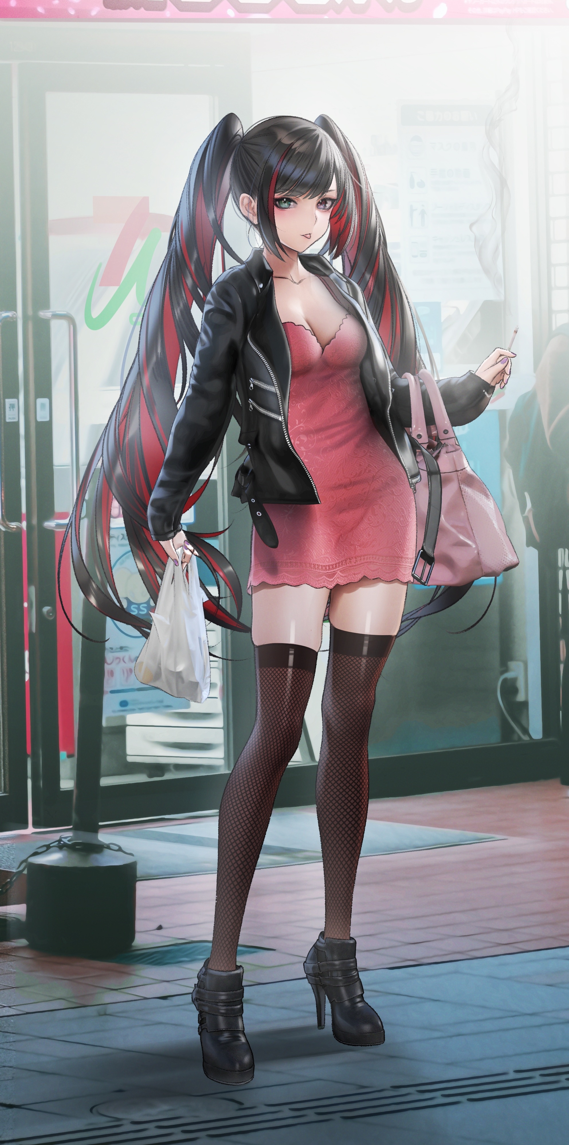 Nanaken Nana in a pink dress and leather jacket HD Phone Wallpaper