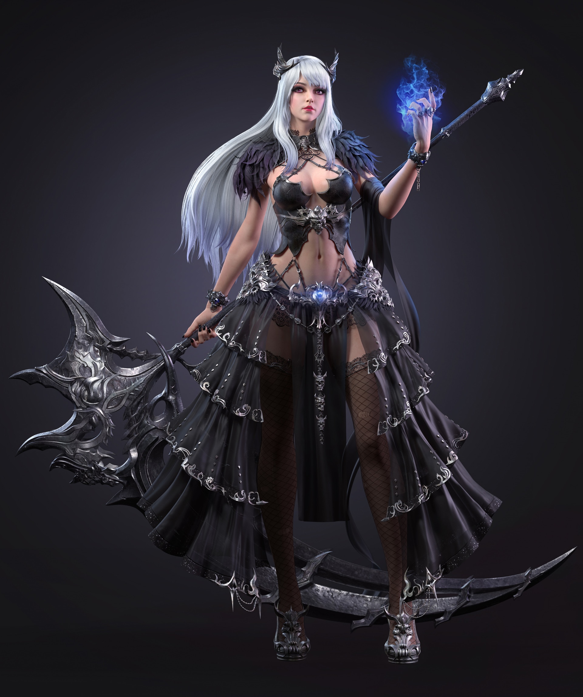 Fantasy girl with scythe and magic staff HD Phone Wallpaper