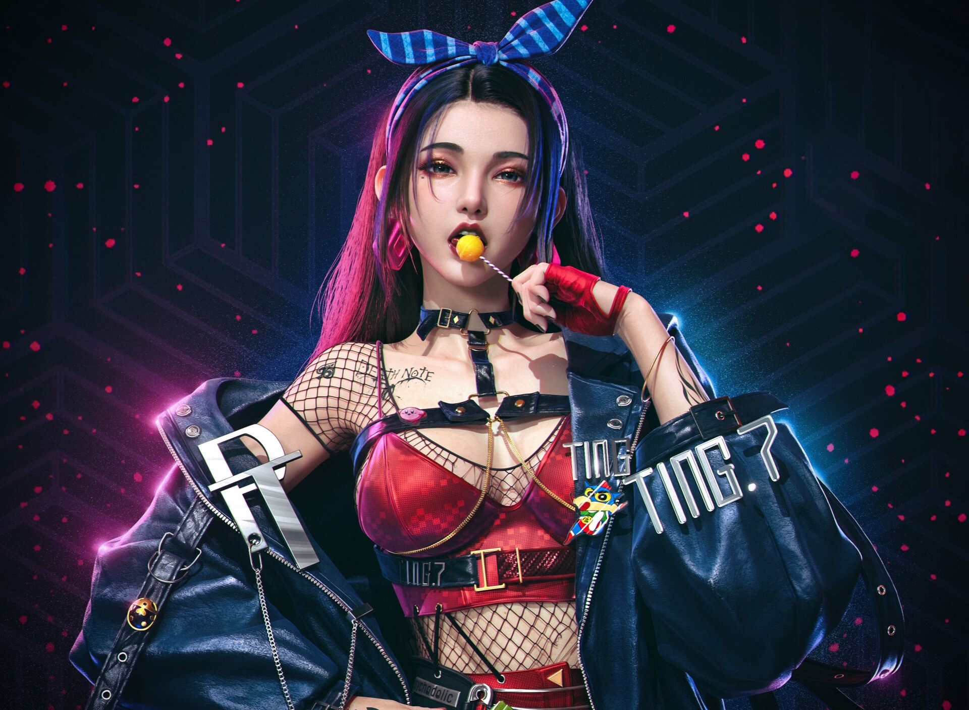Woman with lollipop and leather jacket HD Wallpaper