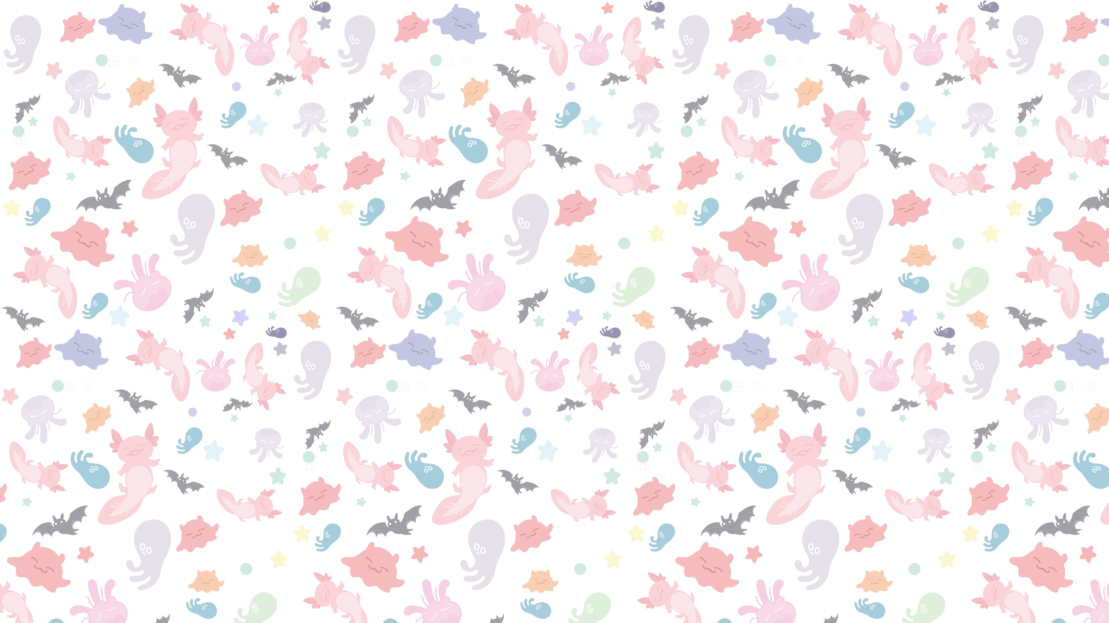 4K Pattern of Axolotls, Jellyfish, Bats, and Ghosts HD Wallpaper