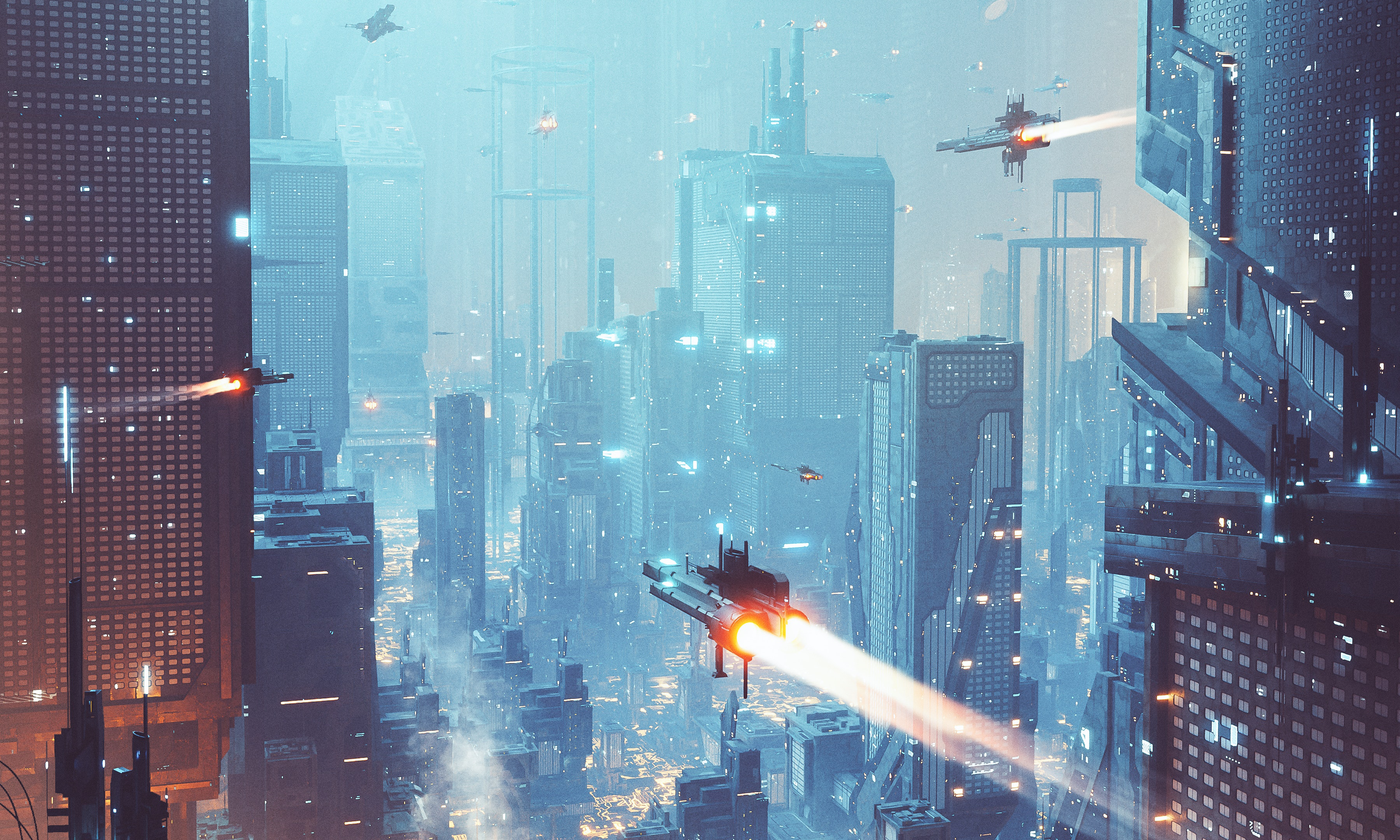 Futuristic cyberpunk city with flying spaceships HD Wallpaper
