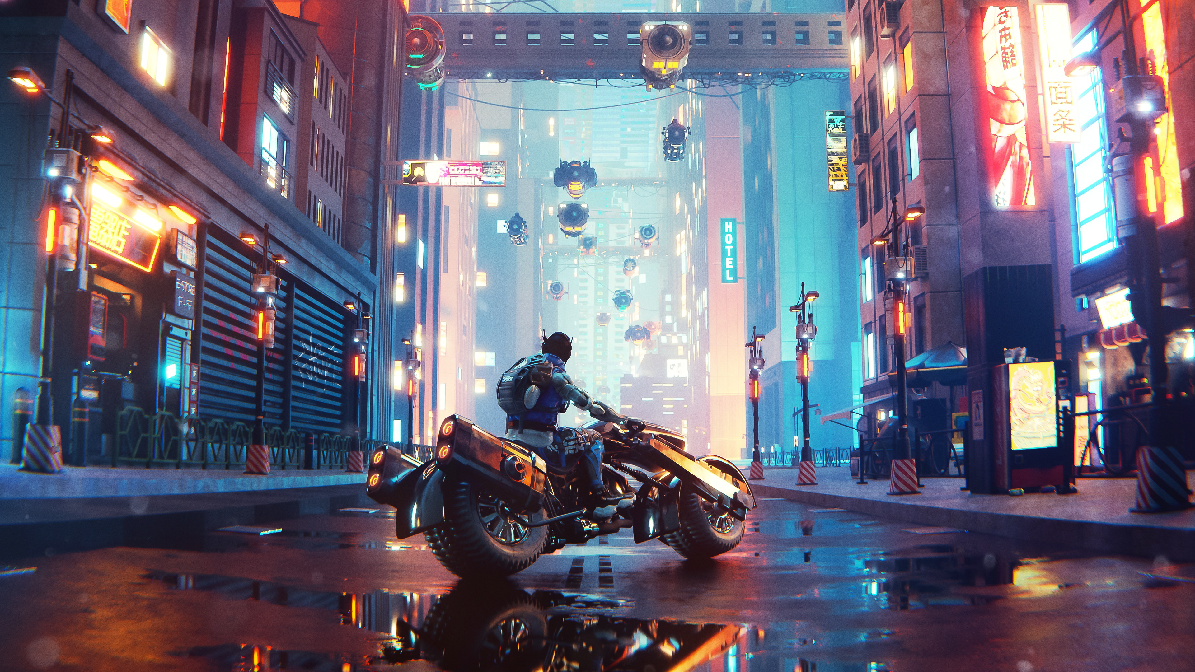 Cyberpunk city street with a rider on a futuristic motorcycle HD Wallpaper
