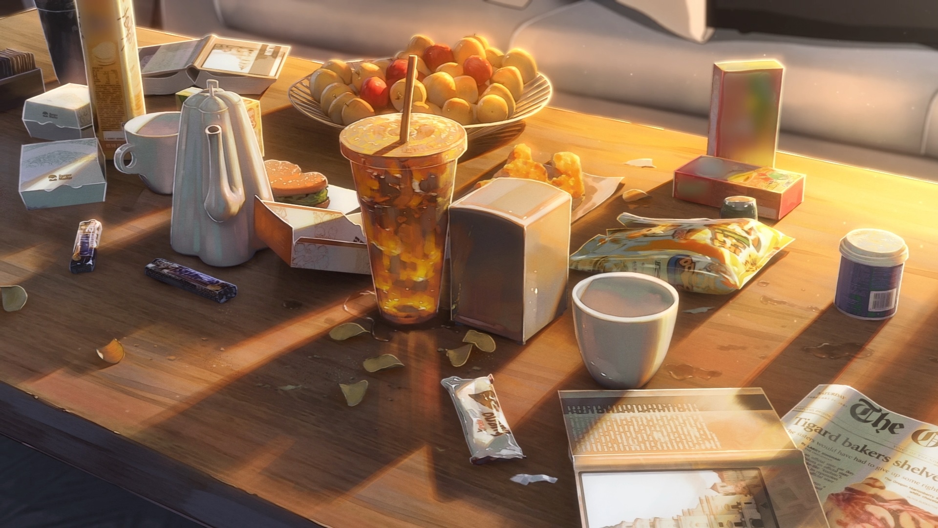 Table with food, drinks, and newspapers HD Wallpaper