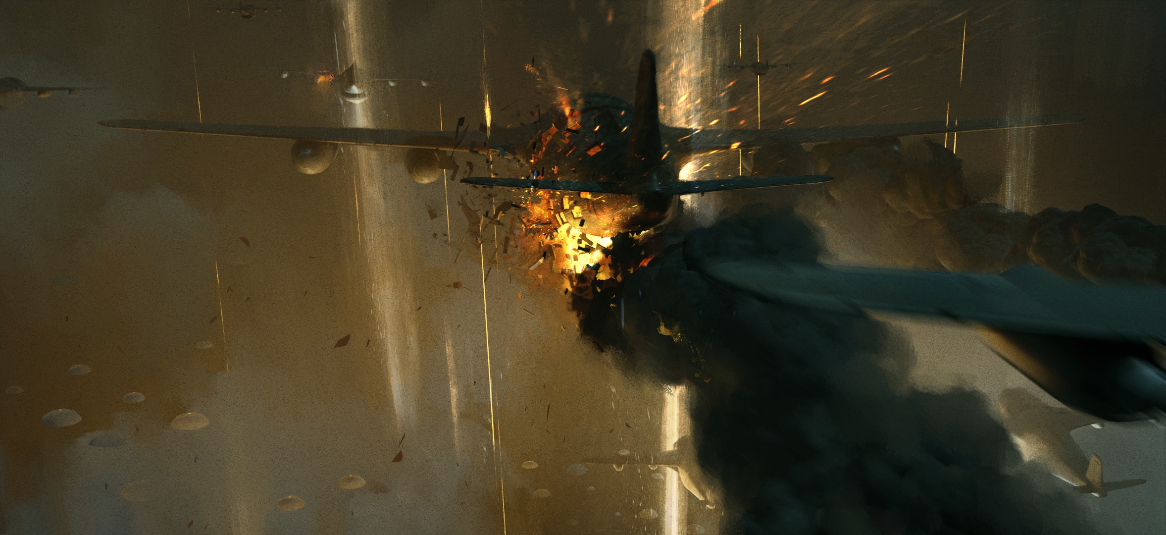 Military aircraft in aerial combat with explosions HD Wallpaper