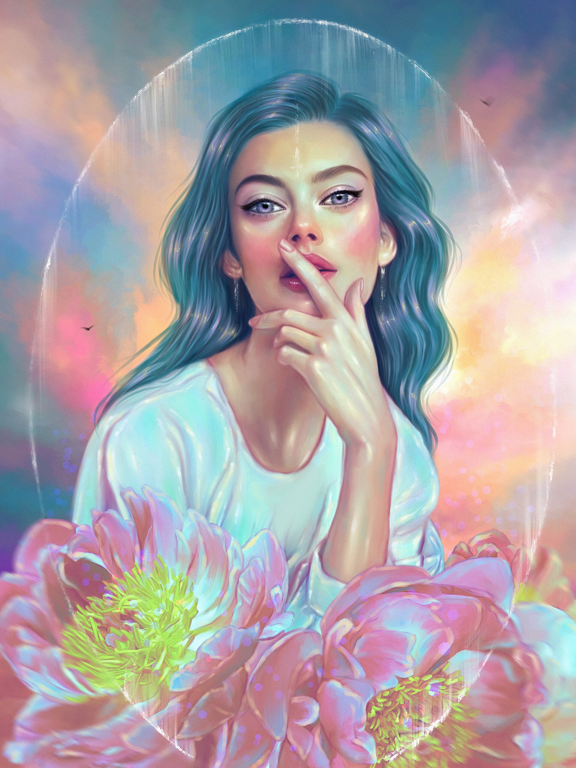 Artwork of a woman with blue hair and flowers HD Phone Wallpaper