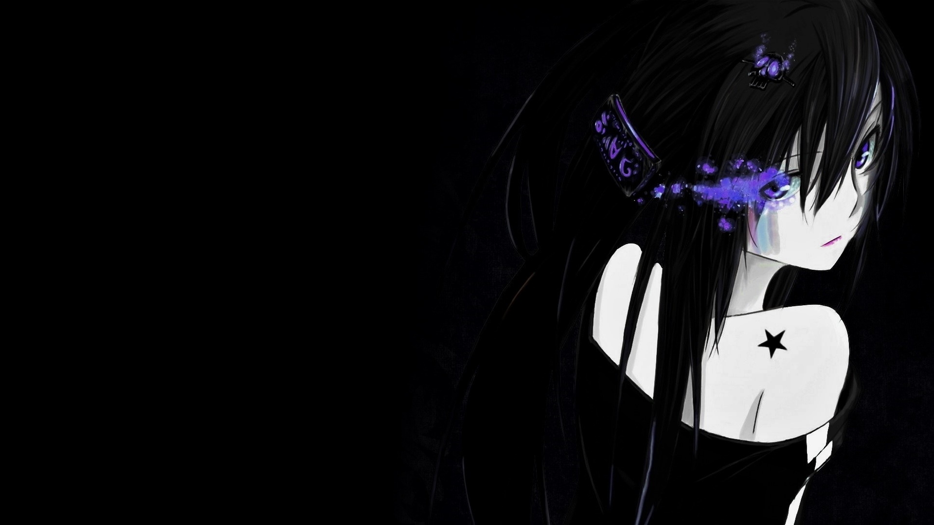 Anime girl with black hair and purple accents HD Wallpaper