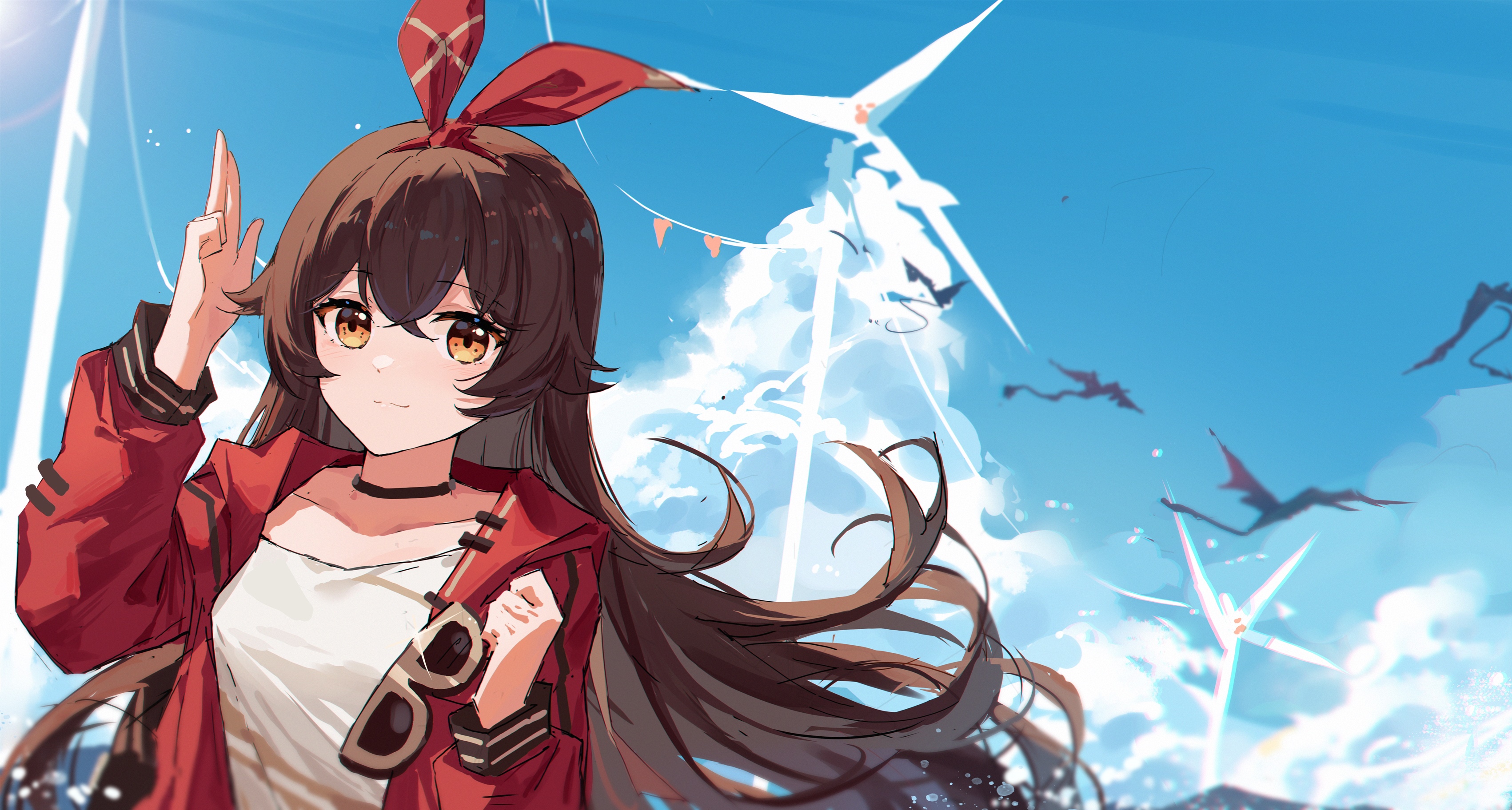 Amber from Genshin Impact with red bowknot and yellow eyes HD Wallpaper
