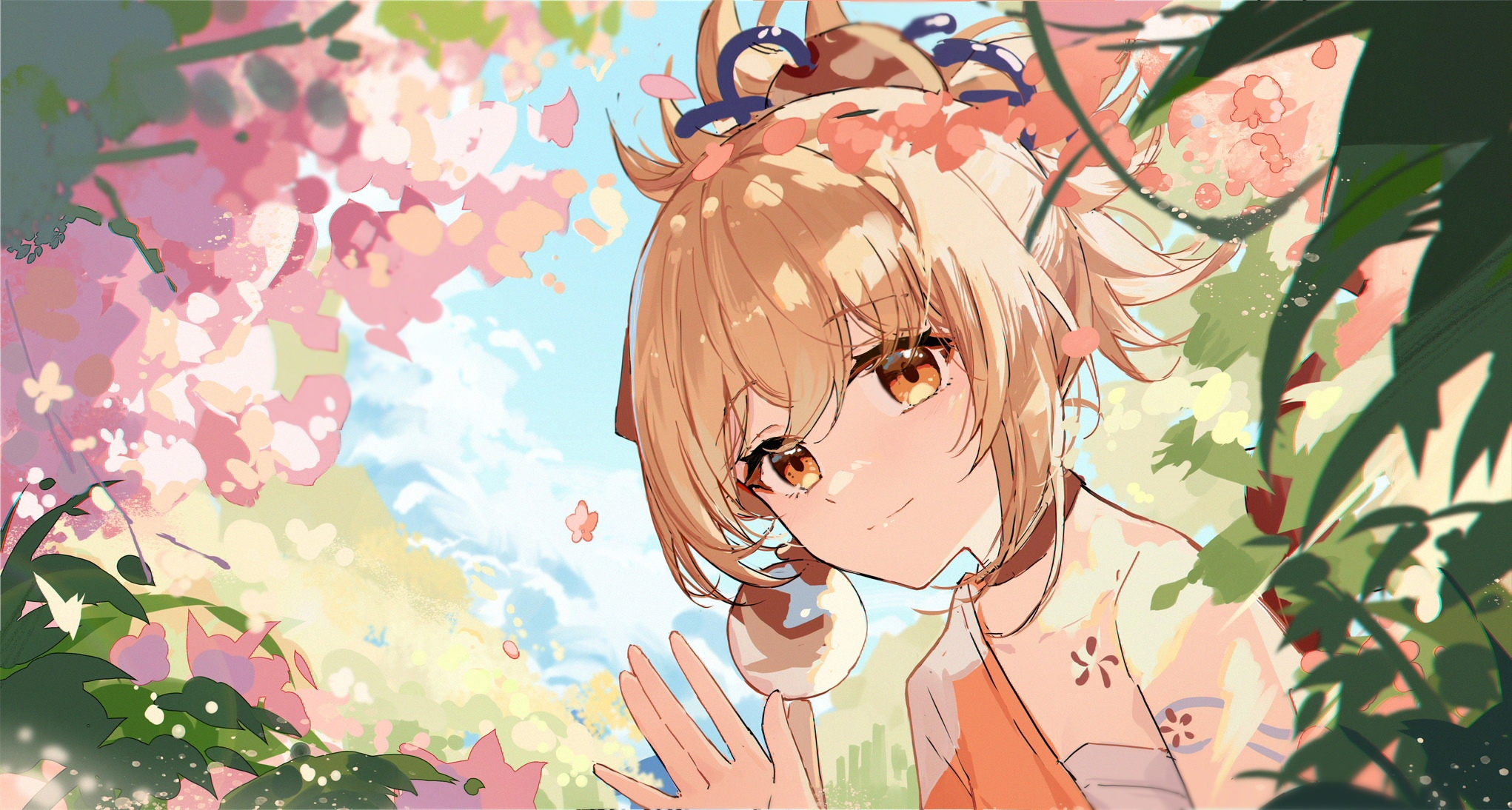 Yoimiya from Genshin Impact surrounded by flowers HD Wallpaper