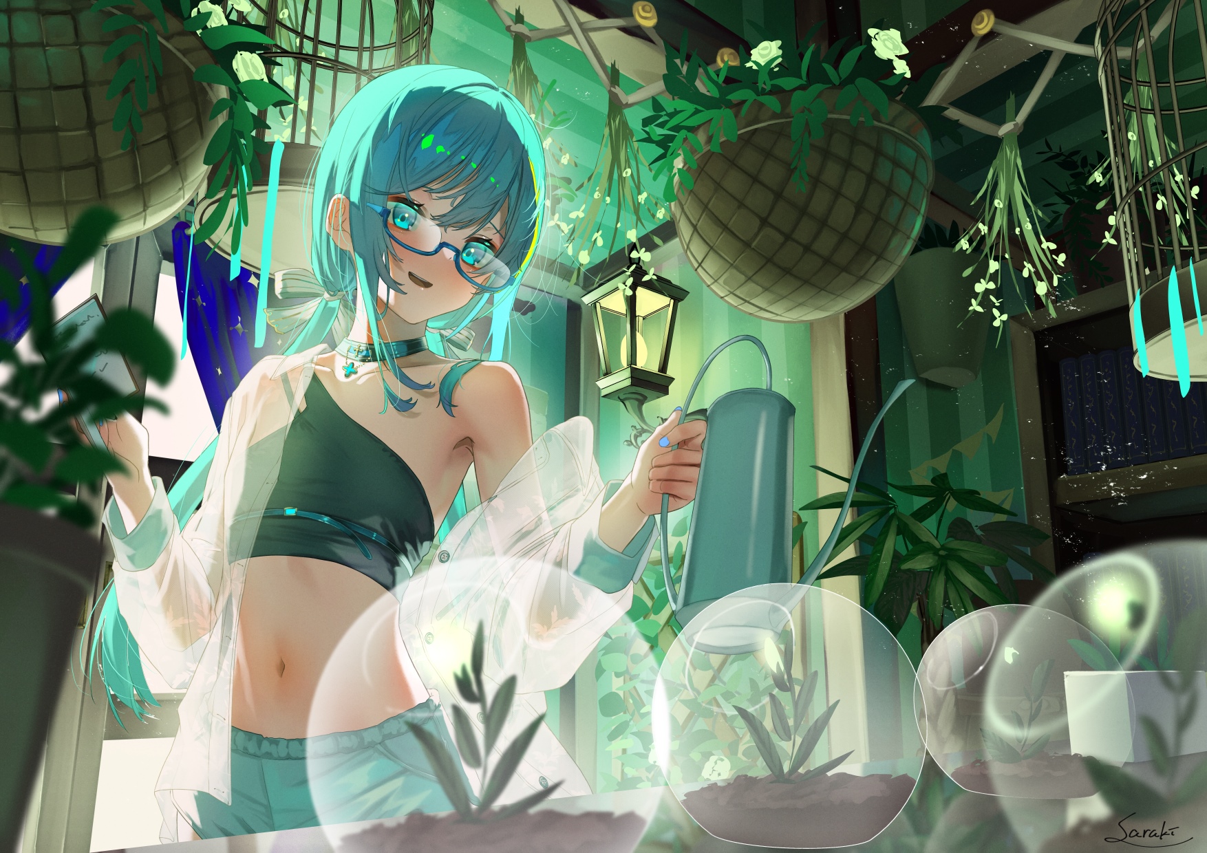 Girl with green hair watering plants in a greenhouse HD Wallpaper