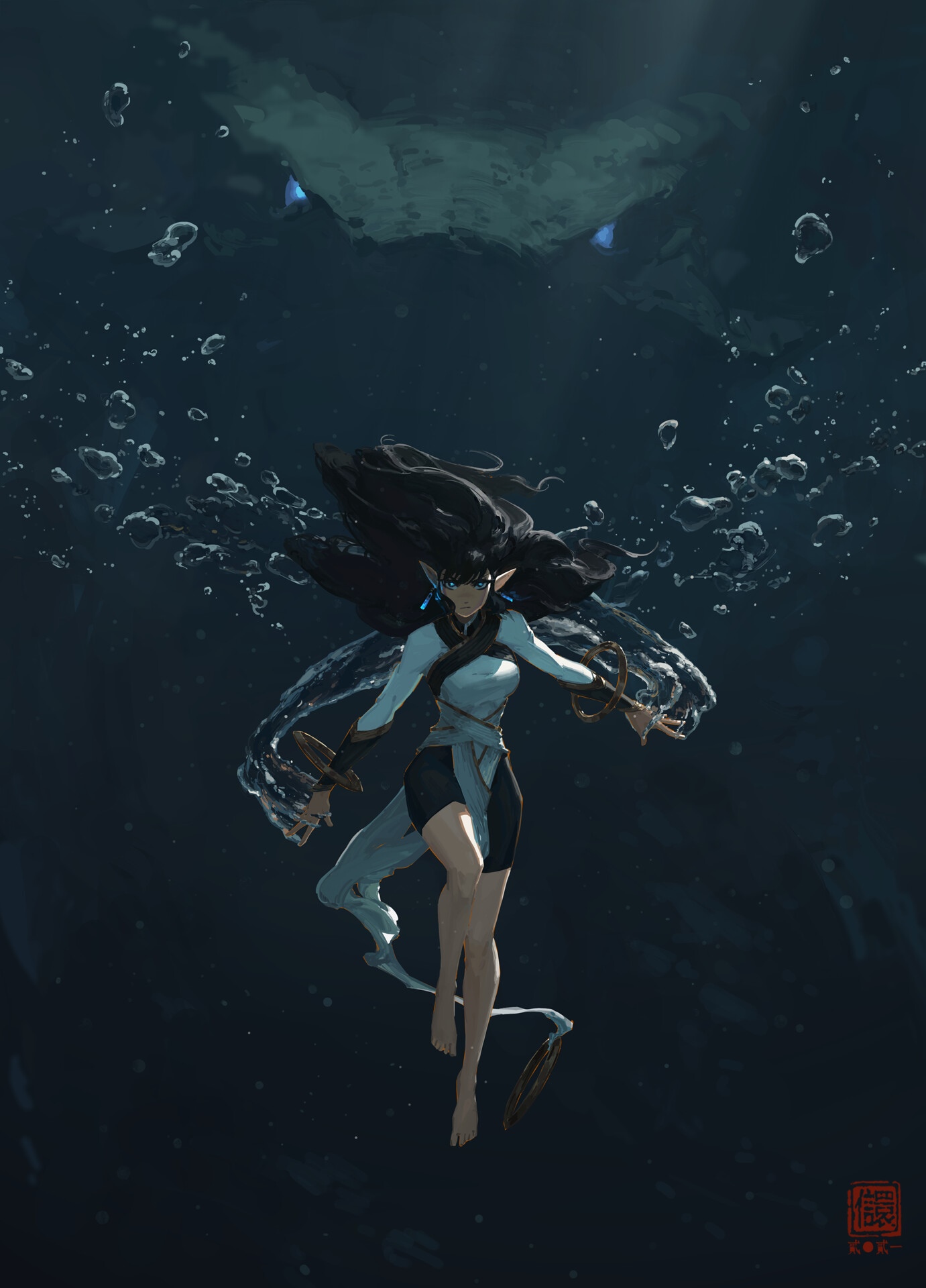 Fantasy girl underwater with large creature above HD Phone Wallpaper