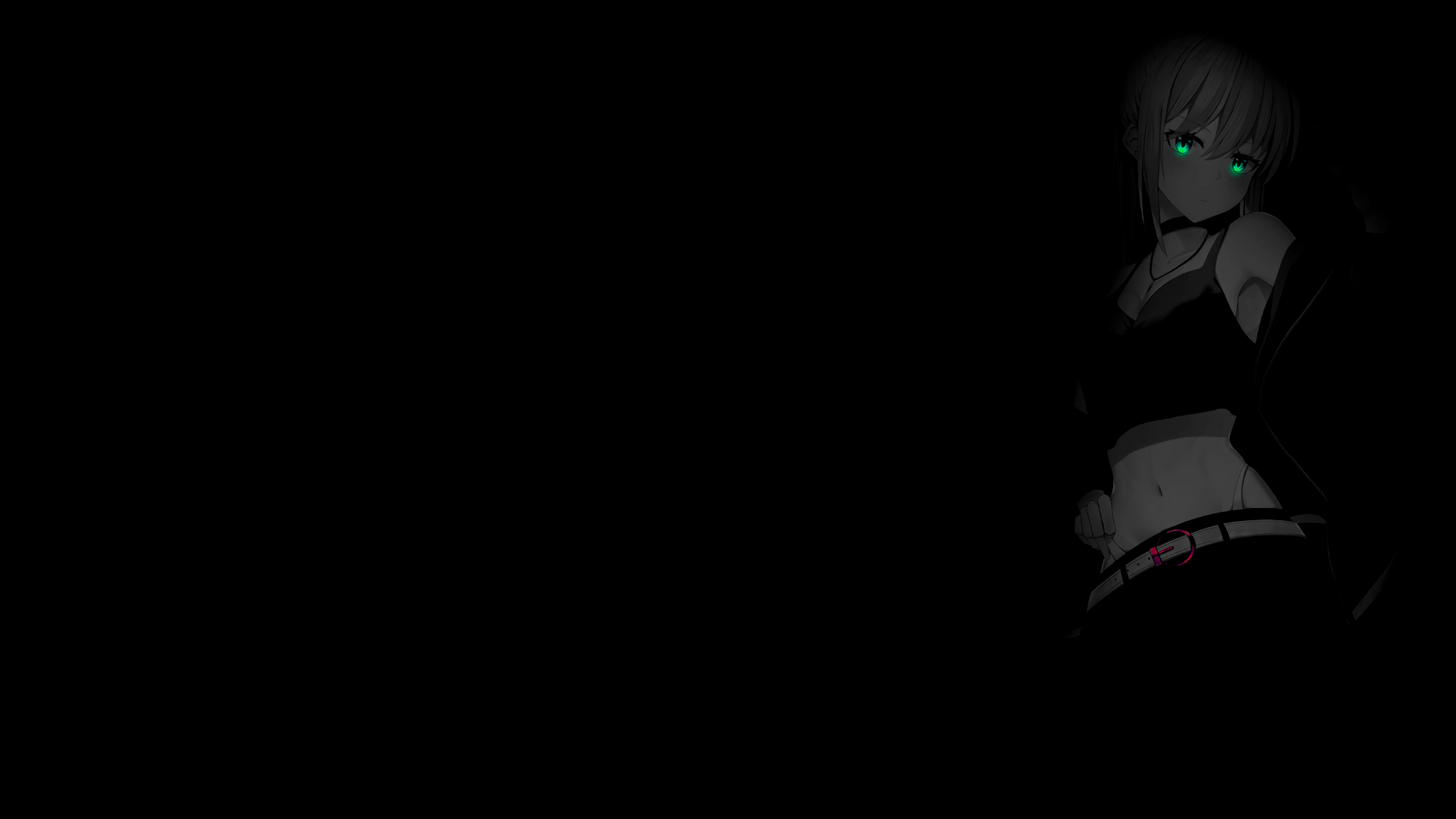 Anime girl with glowing green eyes in black outfit HD Wallpaper