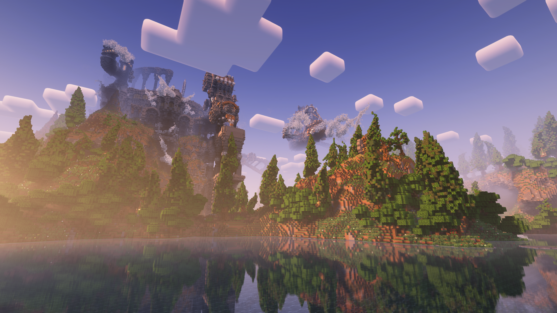 Minecraft landscape with ancient ruins and a lake HD Wallpaper