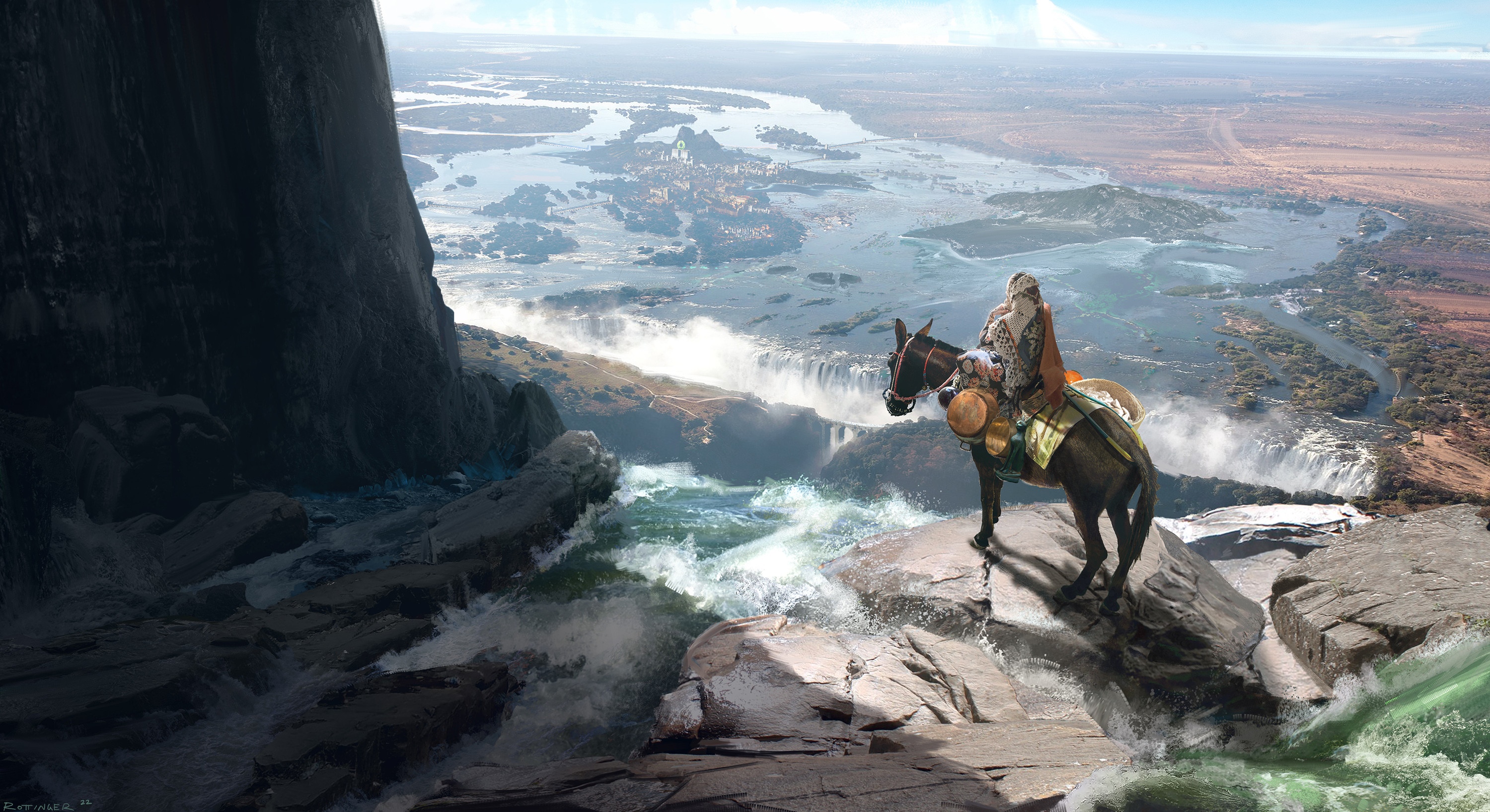 Person on horse overlooking a vast waterfall landscape HD Wallpaper