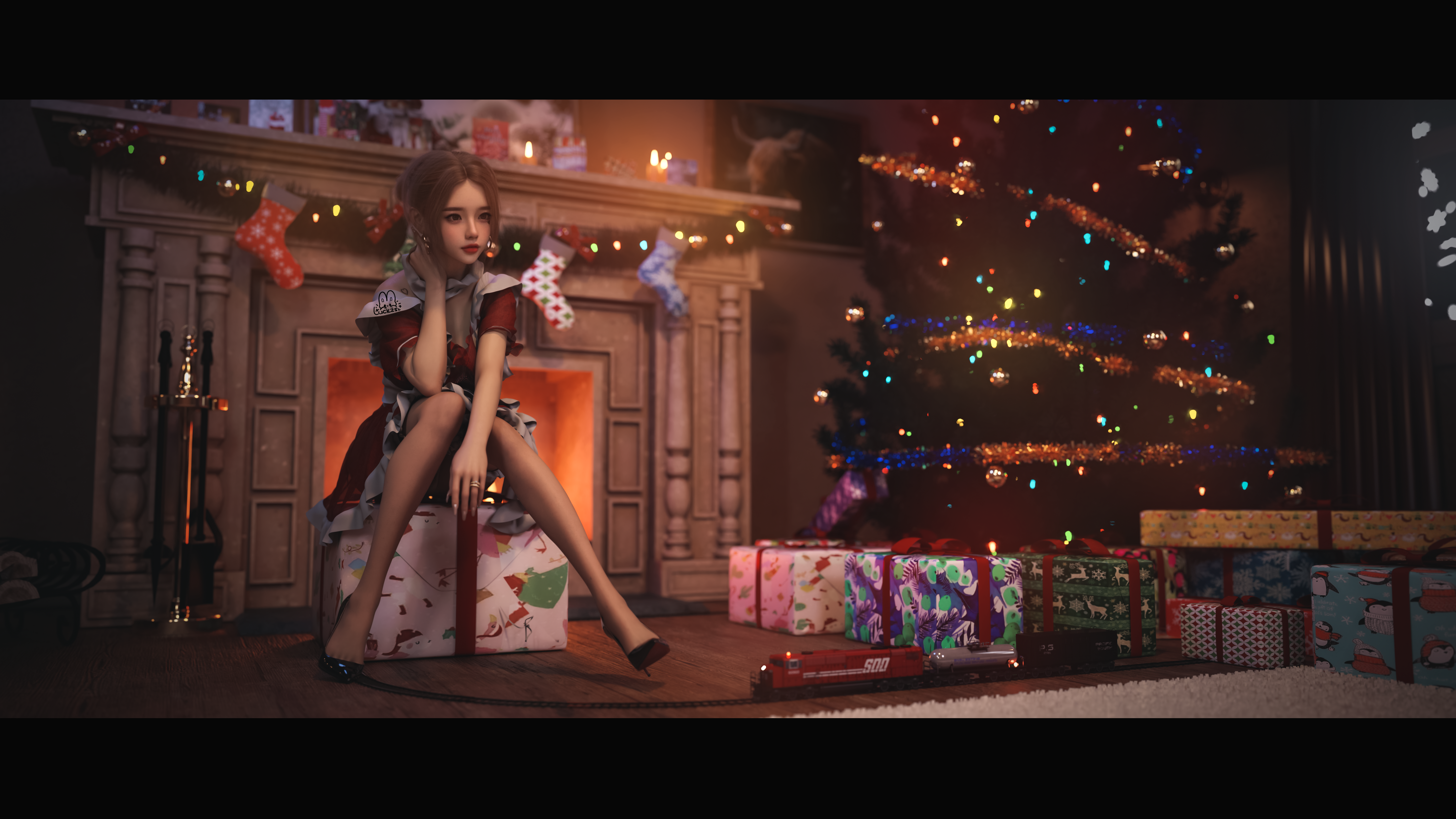 Asian woman in Christmas-themed outfit with presents and tree HD Wallpaper