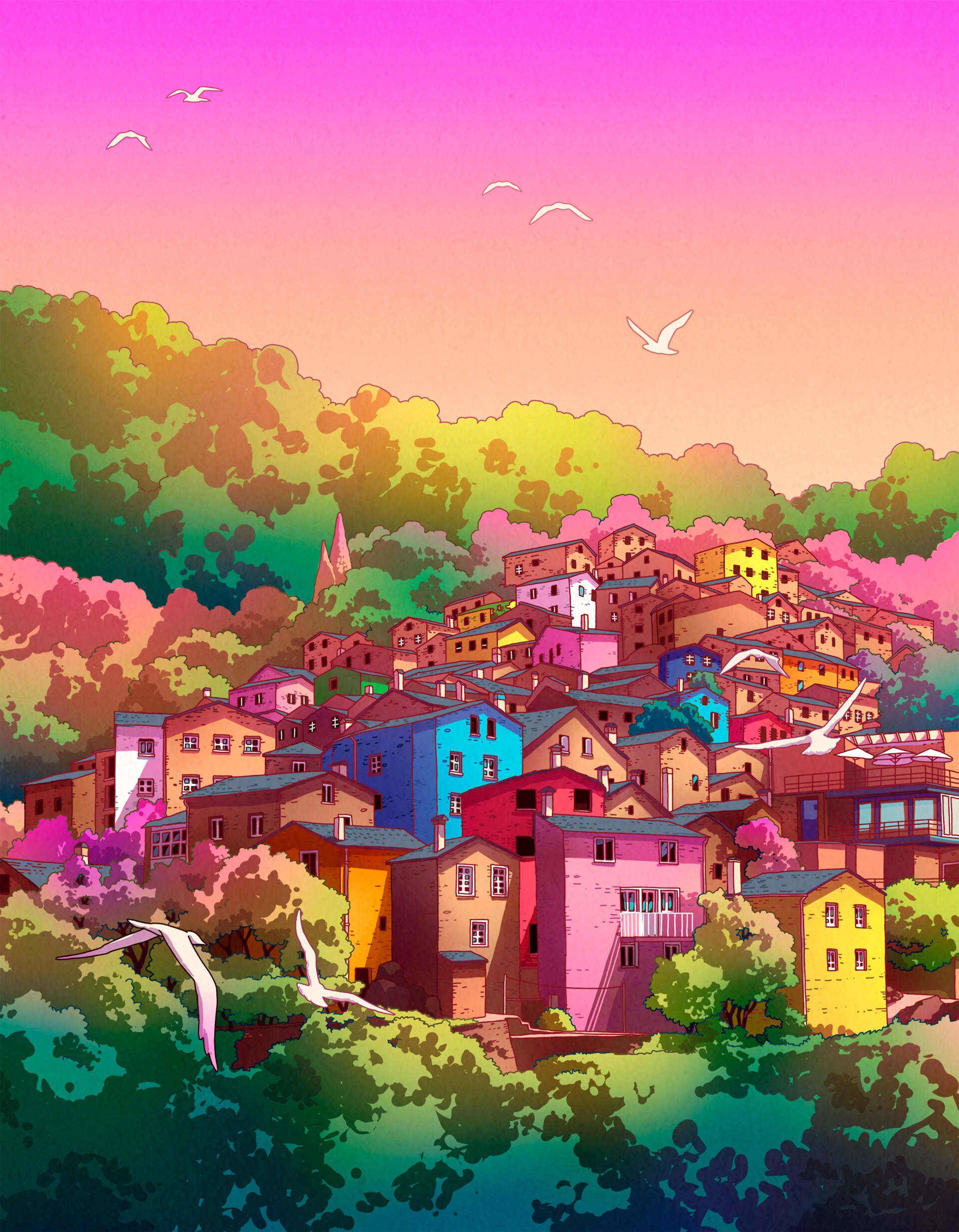 Colorful village on a hill with birds flying HD Phone Wallpaper