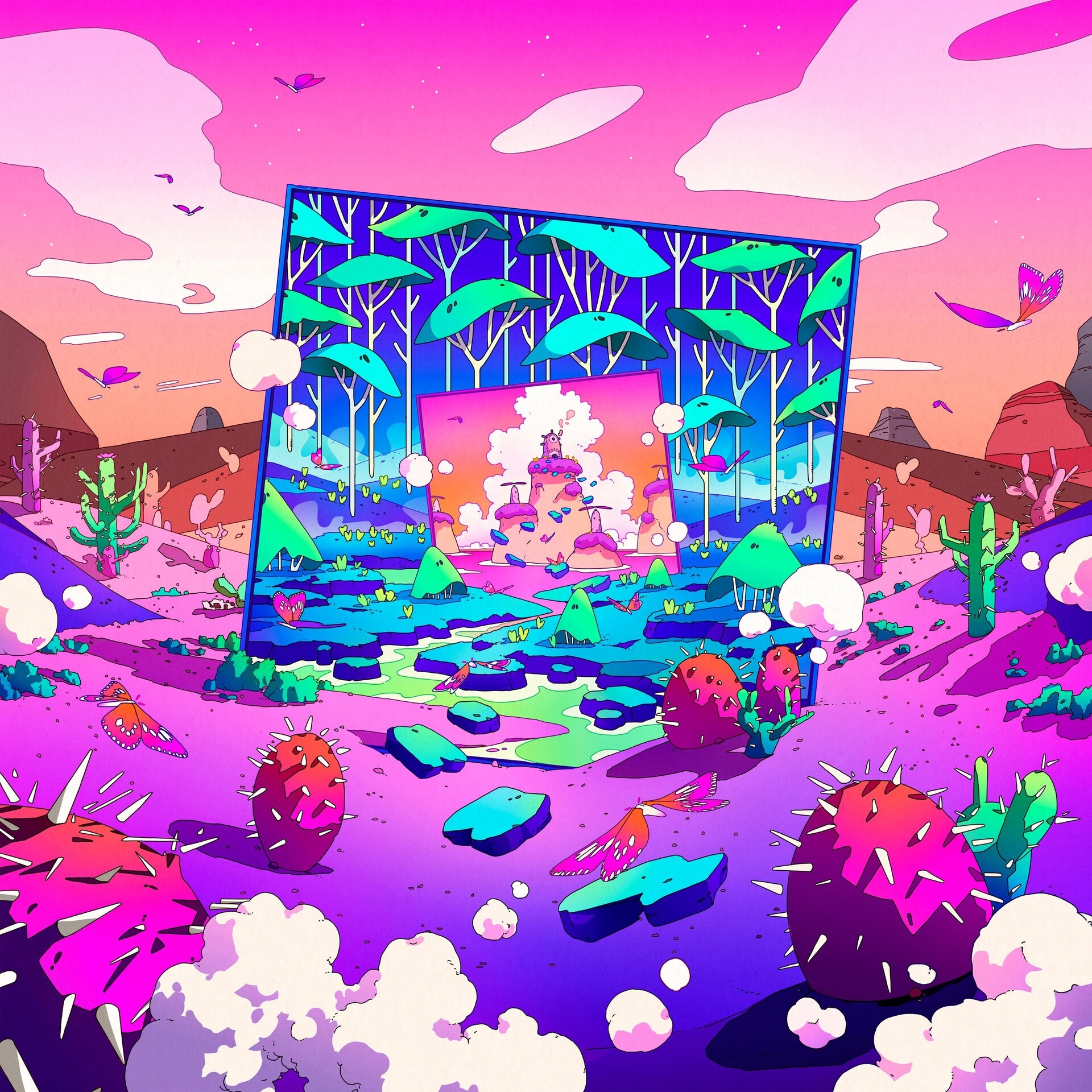 Camila Nogueira Artwork: Cactus and Butterflies in a Surreal Landscape HD Wallpaper