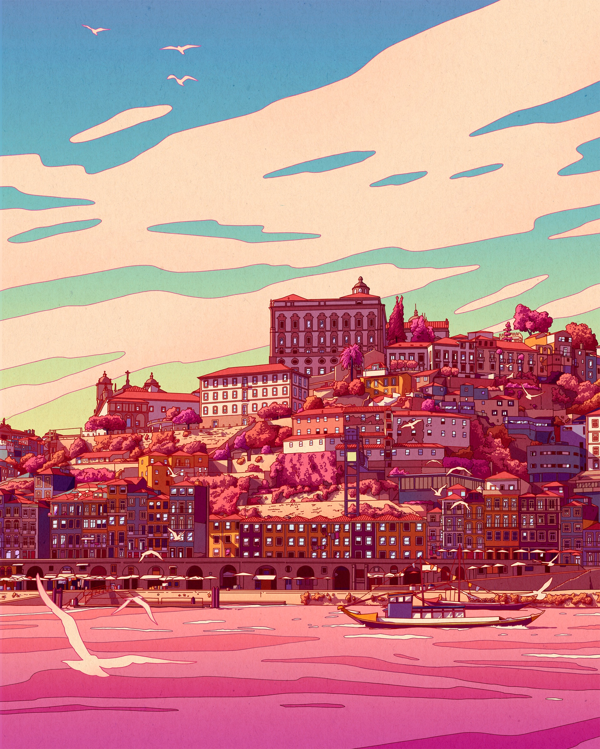 Colorful cityscape with buildings and birds over water HD Phone Wallpaper