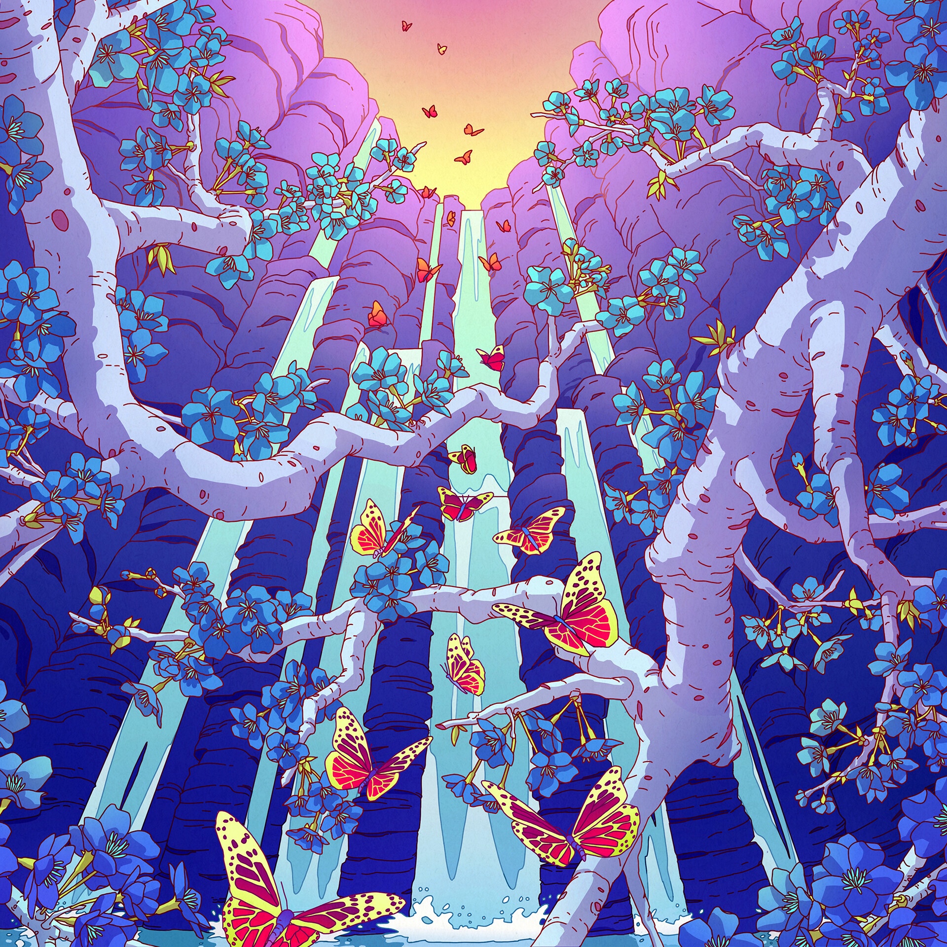 Camila Nogueira's colorful waterfall with butterflies and flowers HD Wallpaper