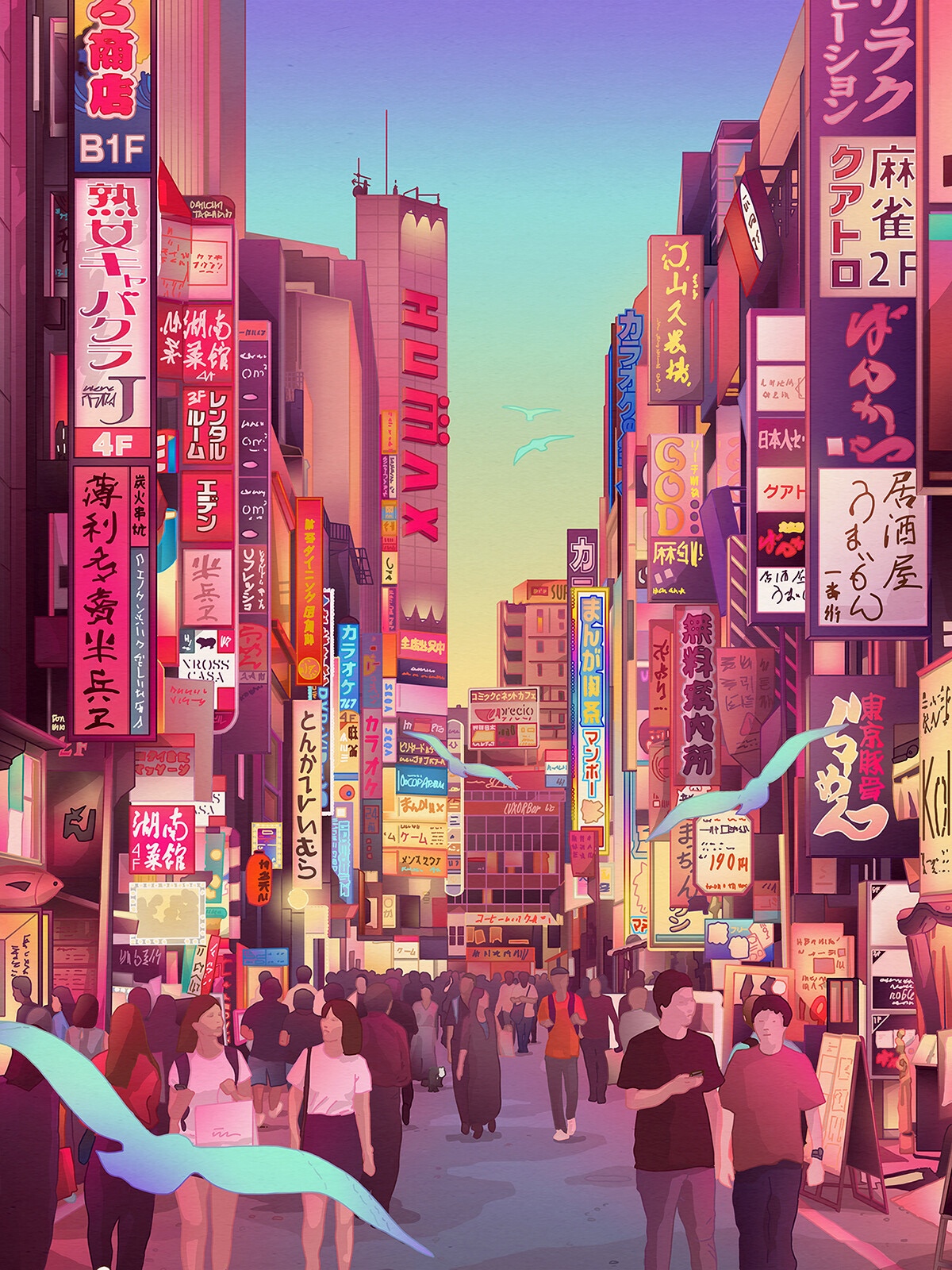 Japanese street with neon signs and a crowd HD Phone Wallpaper