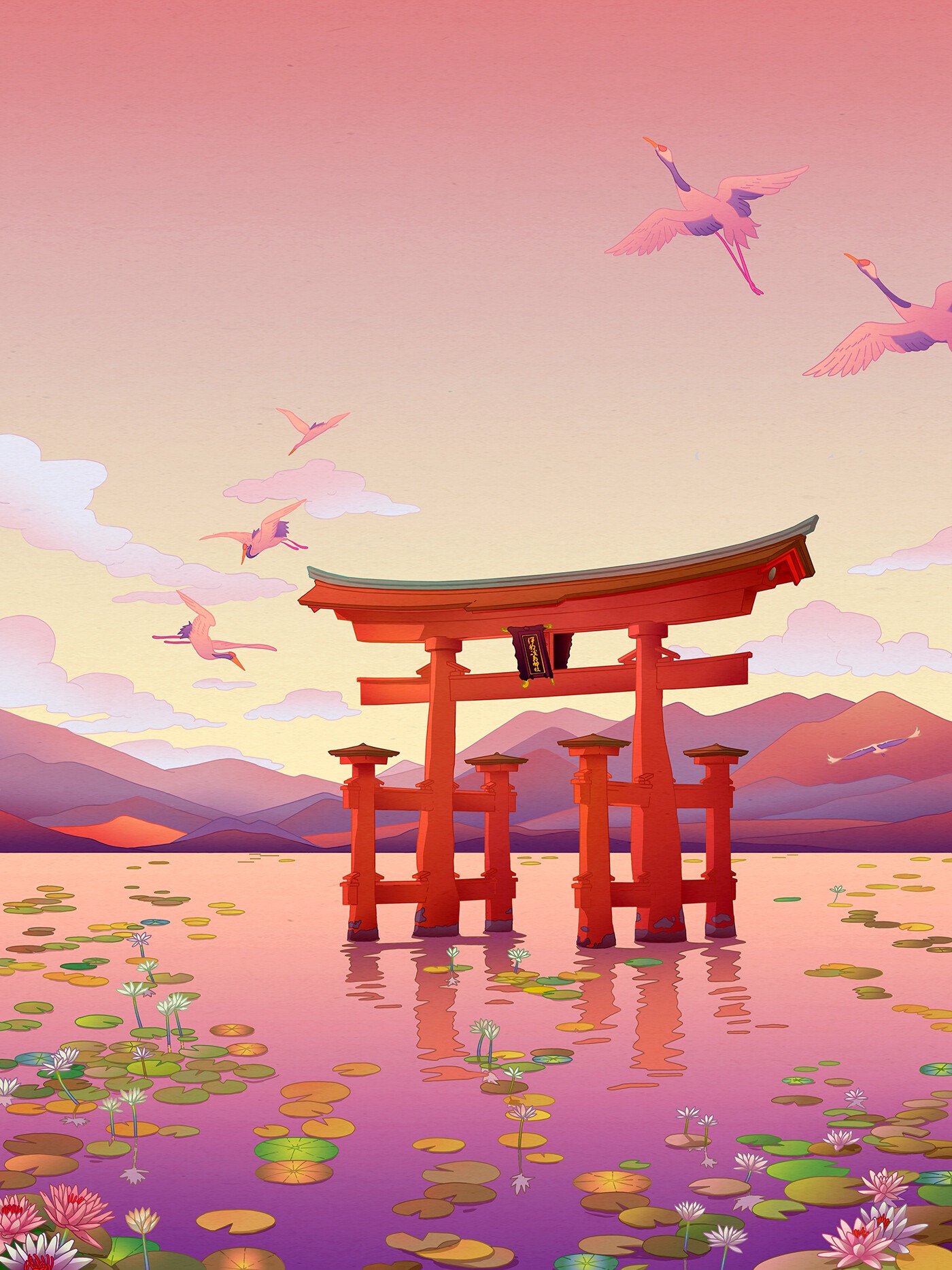 Torii gate in water with cranes and lotus flowers HD Phone Wallpaper