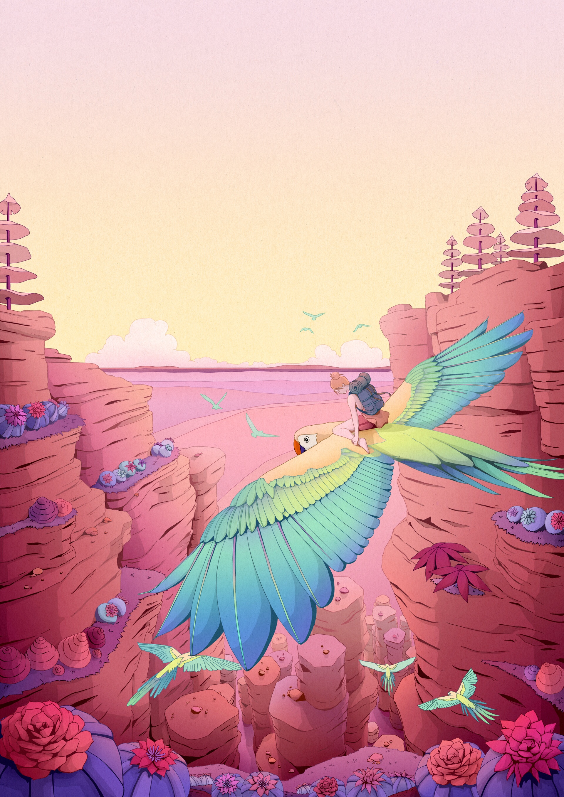 Camila Nogueira's concept art of a girl riding a parrot HD Phone Wallpaper