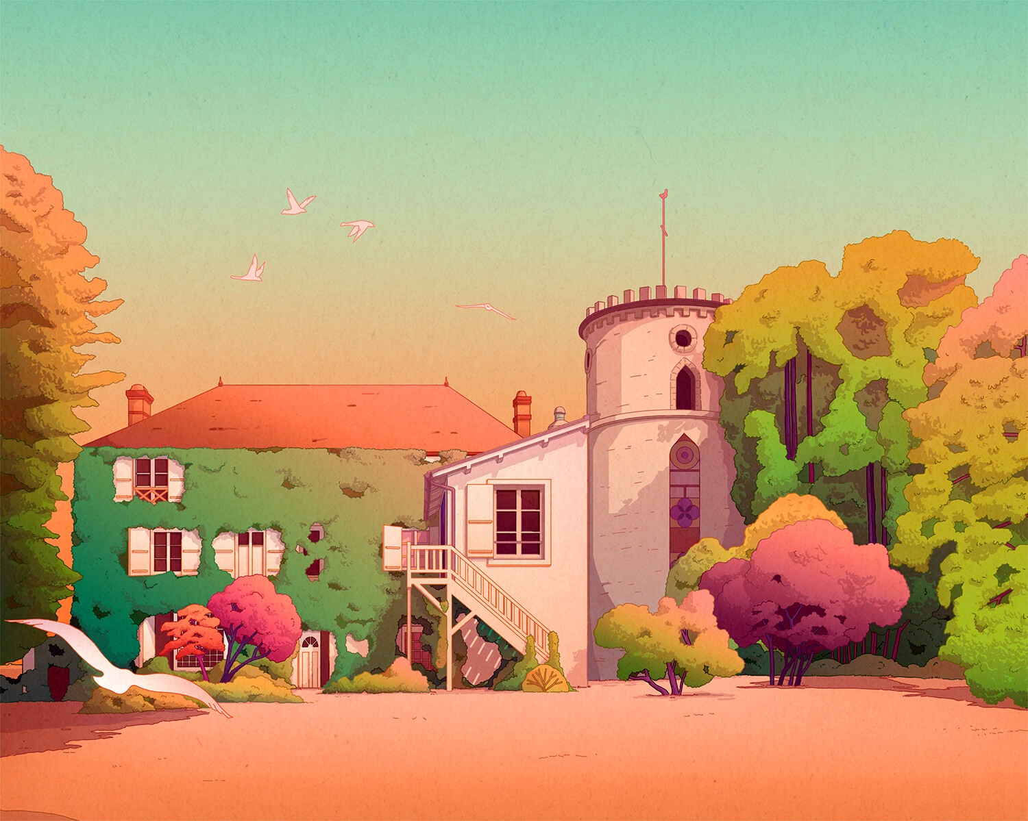 Camila Nogueira's colorful house with birds and trees HD Wallpaper