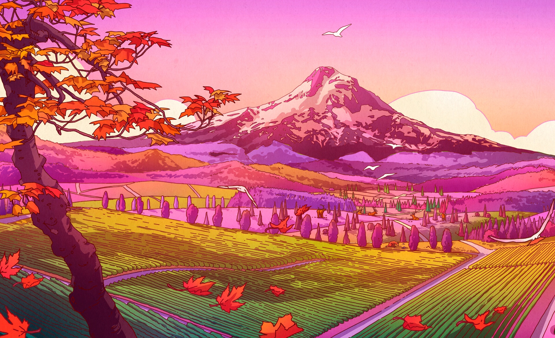 Camila Nogueira's colorful landscape with mountains and birds HD Wallpaper